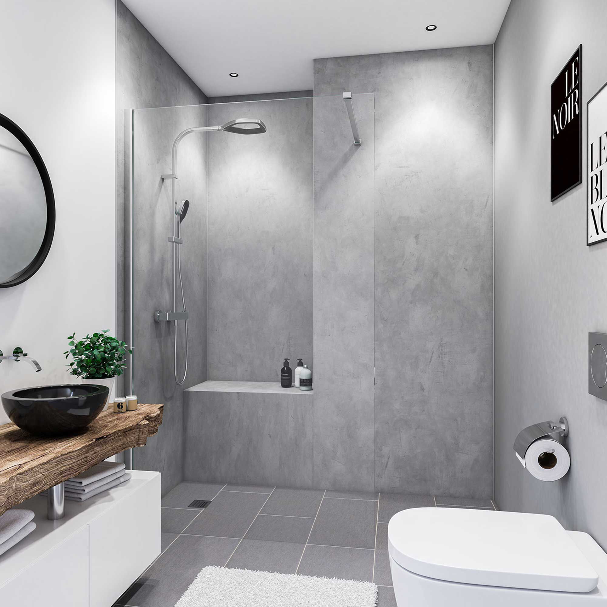 Modernes Badezimmer mit grauen Fliesen und Holzelementen