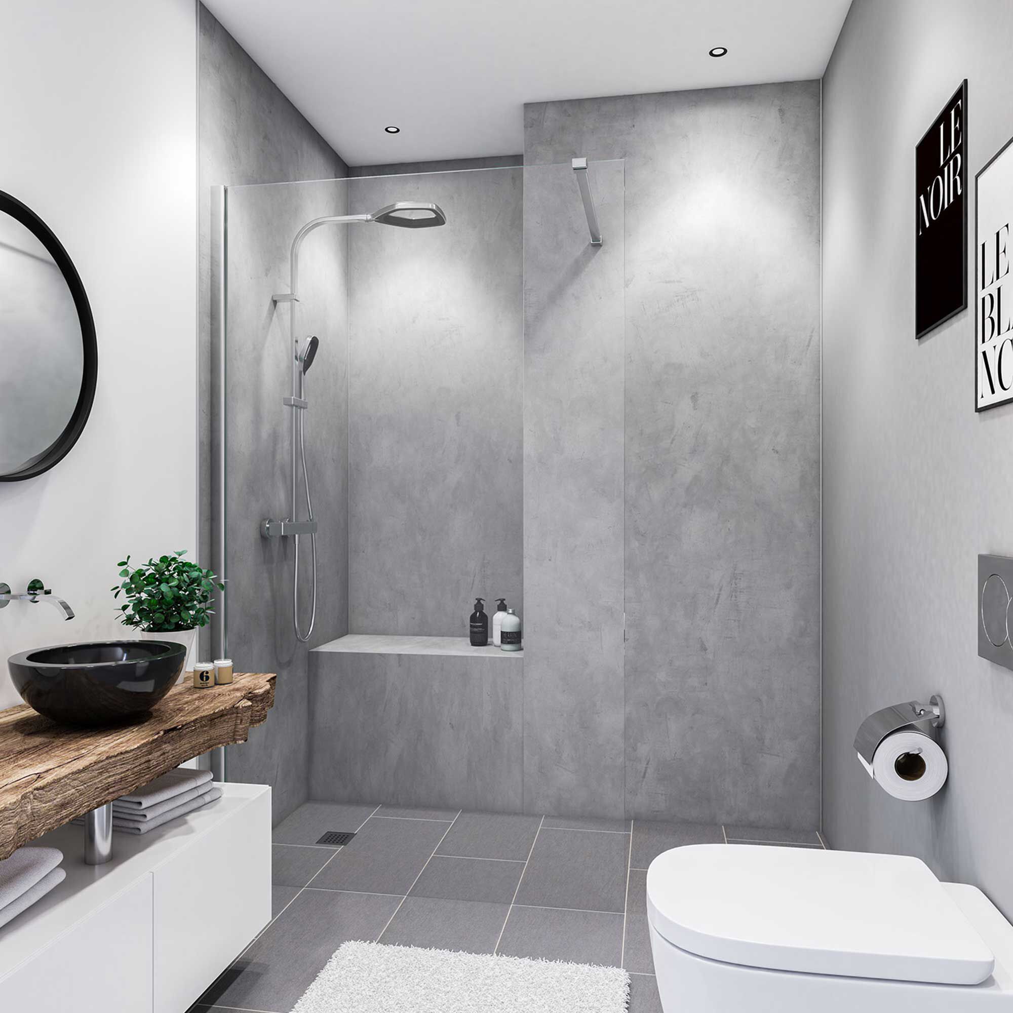 Modernes Badezimmer mit grauen Fliesen und Holzelementen