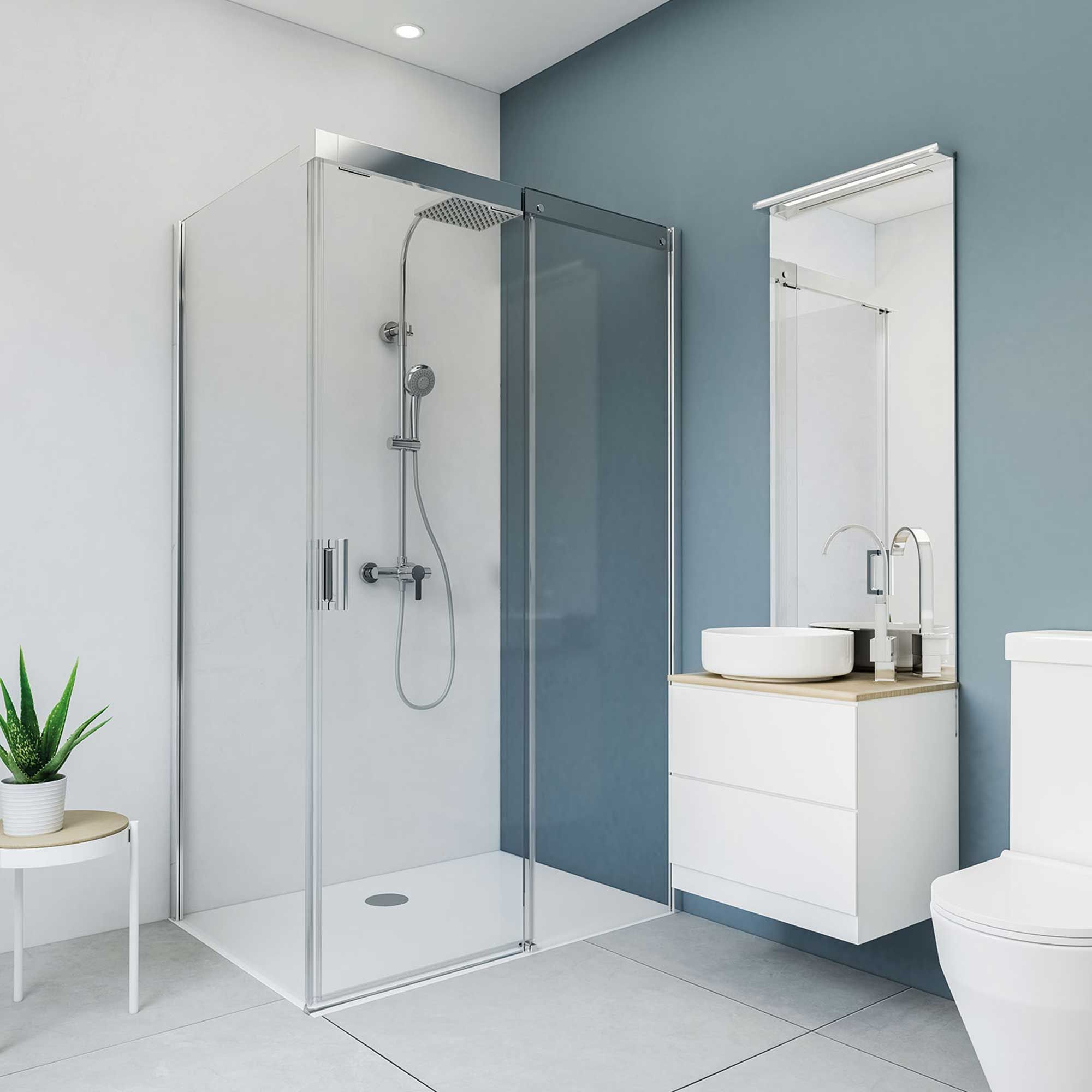 Modernes Badezimmer mit Dusche, Waschbecken und Toilette.