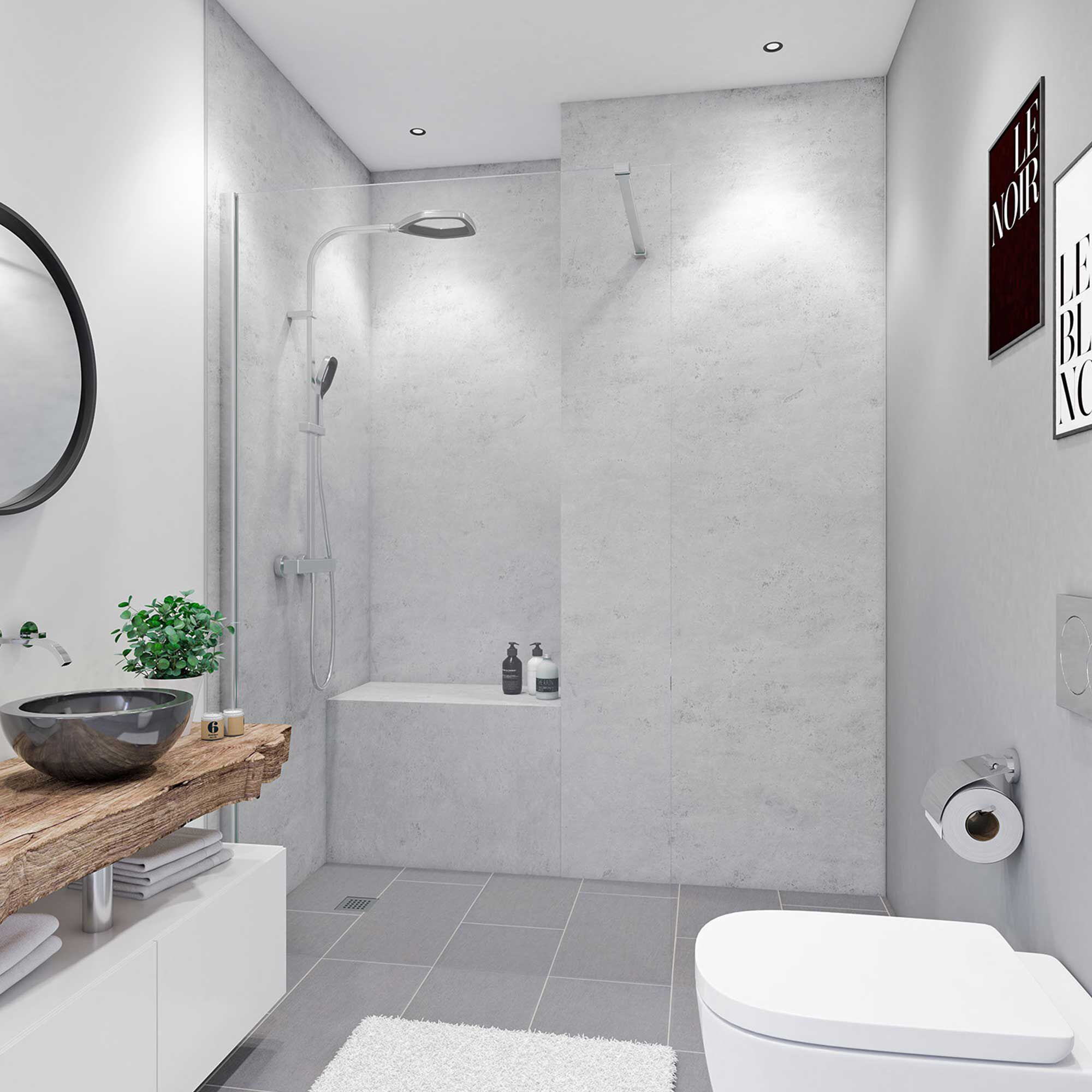 Modernes Badezimmer mit grauen Fliesen und Holzelementen.