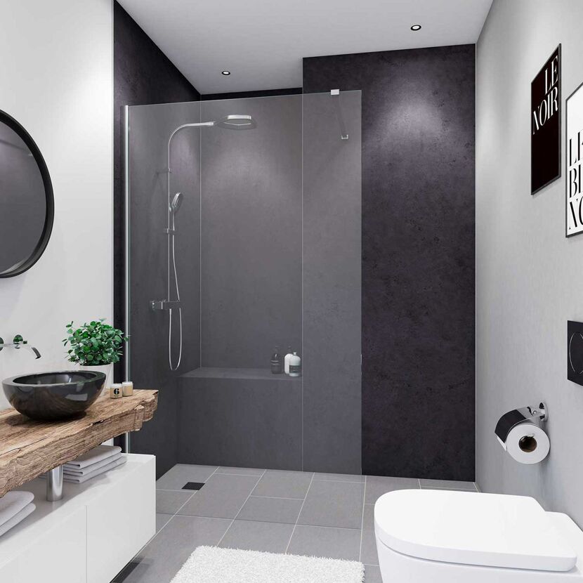 Modernes Badezimmer mit grauer Dusche und Holzwand
