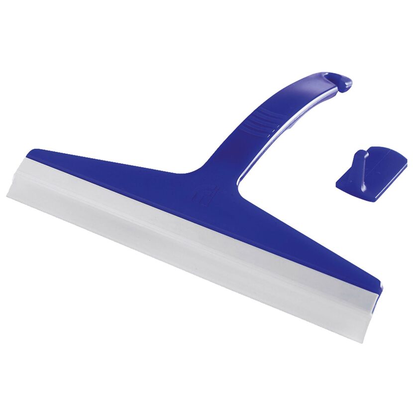 Blauer Duschabzieher mit weißem Abzug und Aufhängung