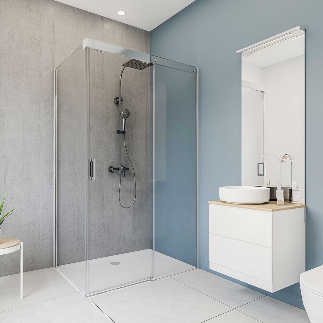 Moderne Duschkabine mit Betonwand und Waschbecken