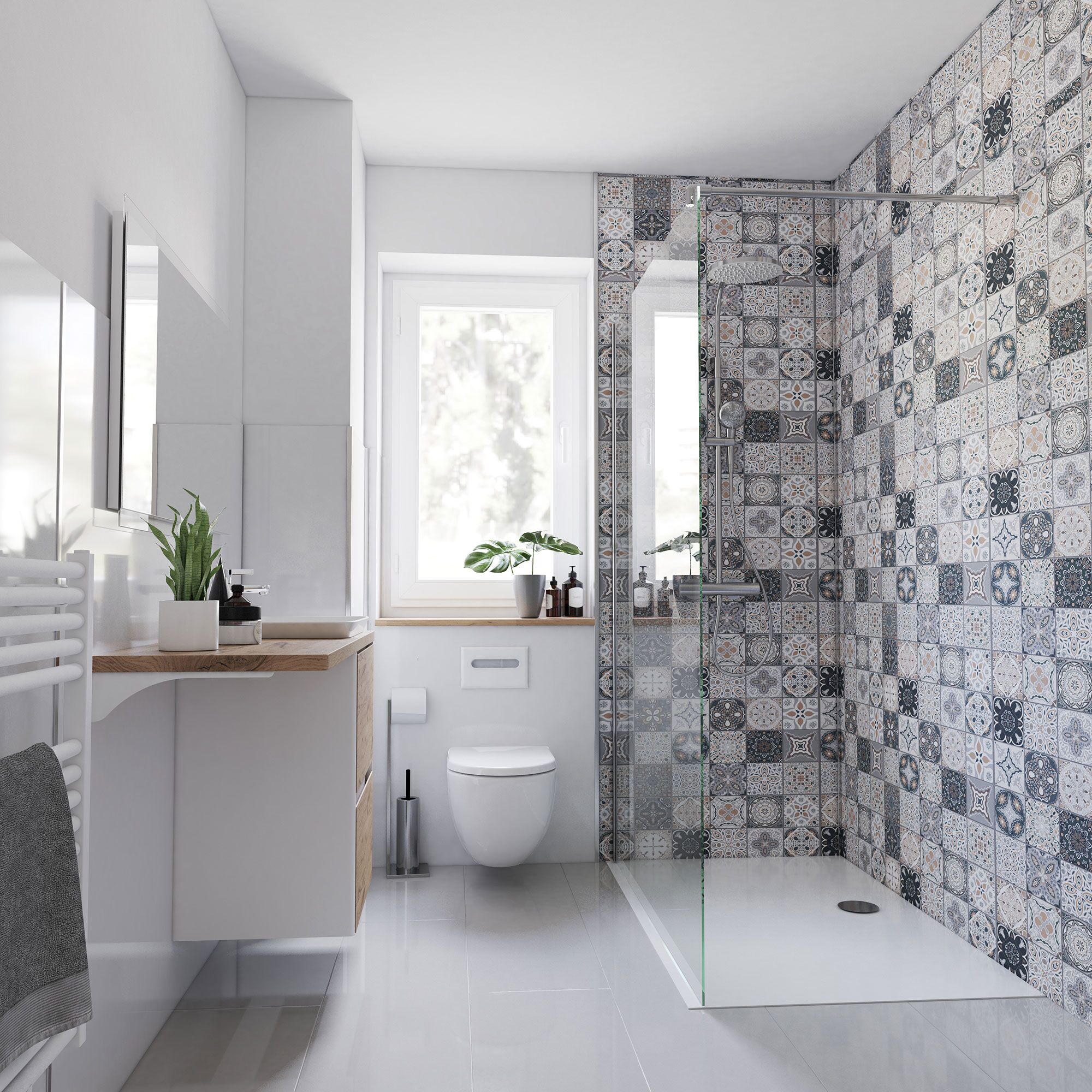 Modernes Badezimmer mit gemusterten Fliesen