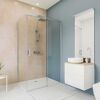 Moderne Duschkabine mit Regendusche und Marmorwand