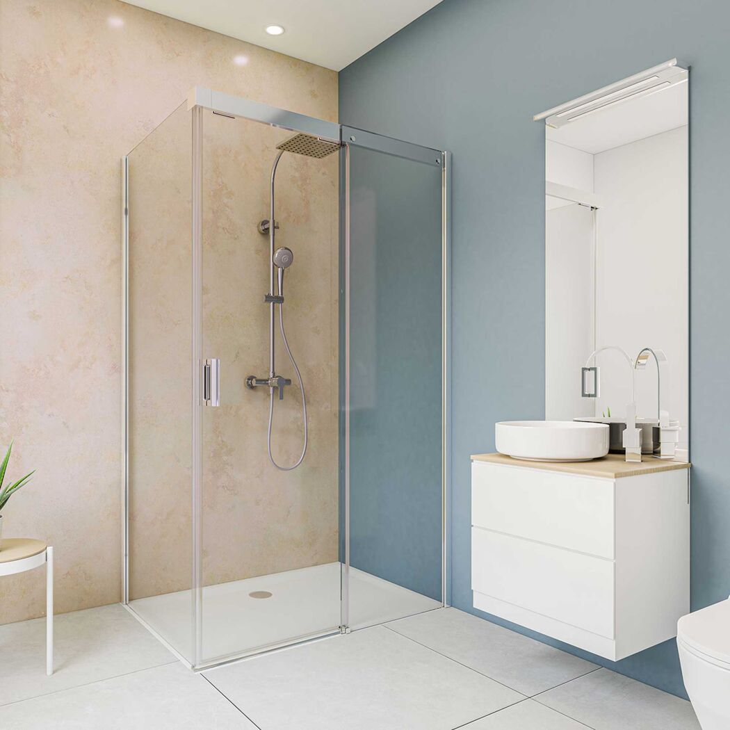 Moderne Duschkabine mit Regendusche und Marmorwand