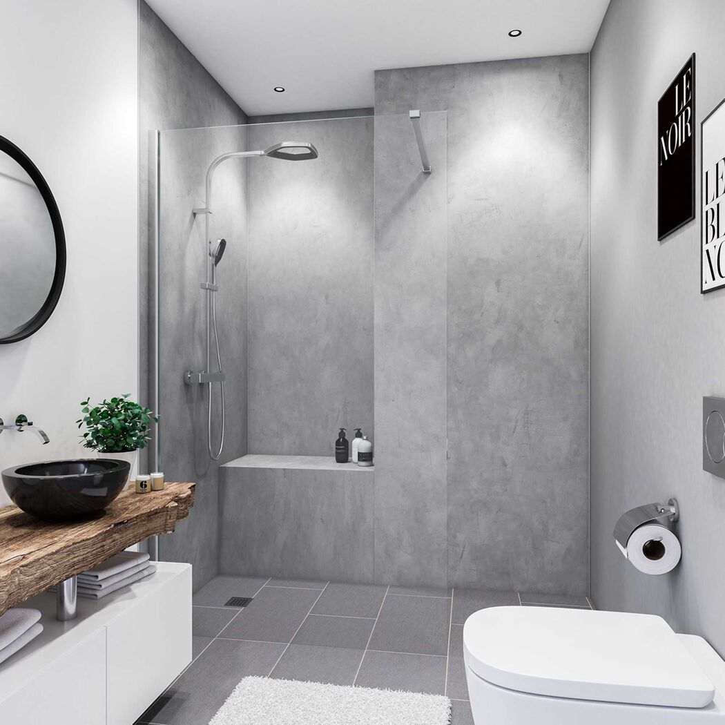 Modernes Badezimmer mit grauen Fliesen und Holzelementen.