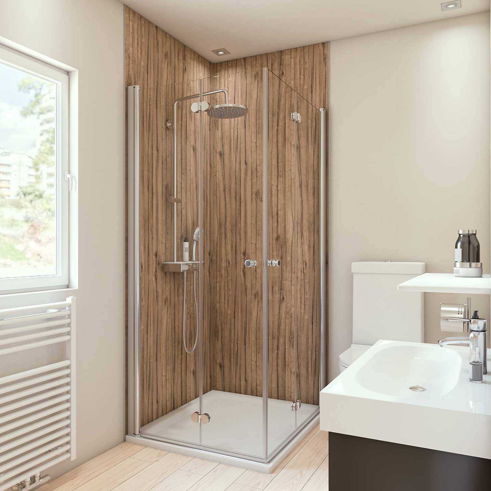 Duschkabine mit brauner Rückwand in Holzoptik