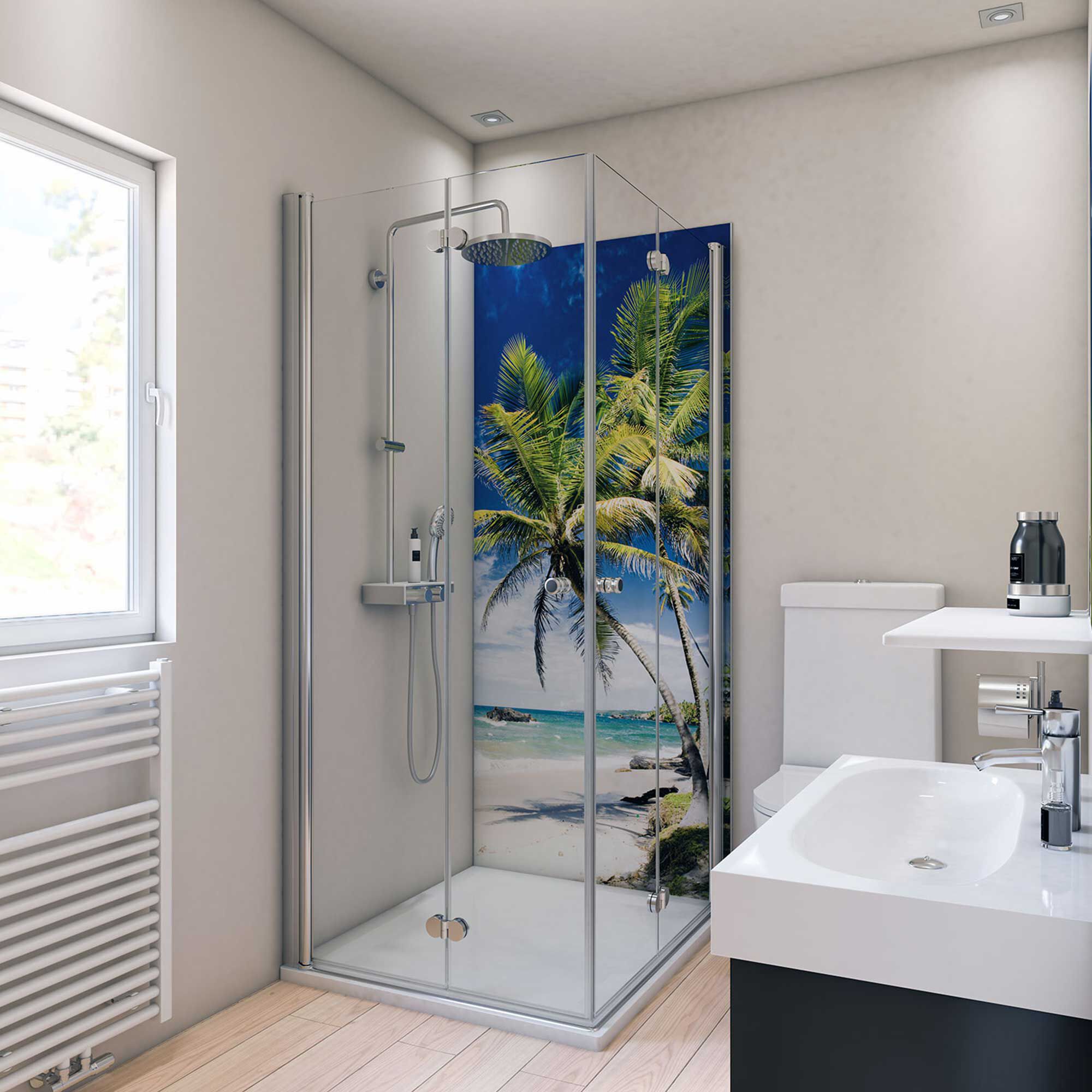Duschkabine mit Palmen-Motiv