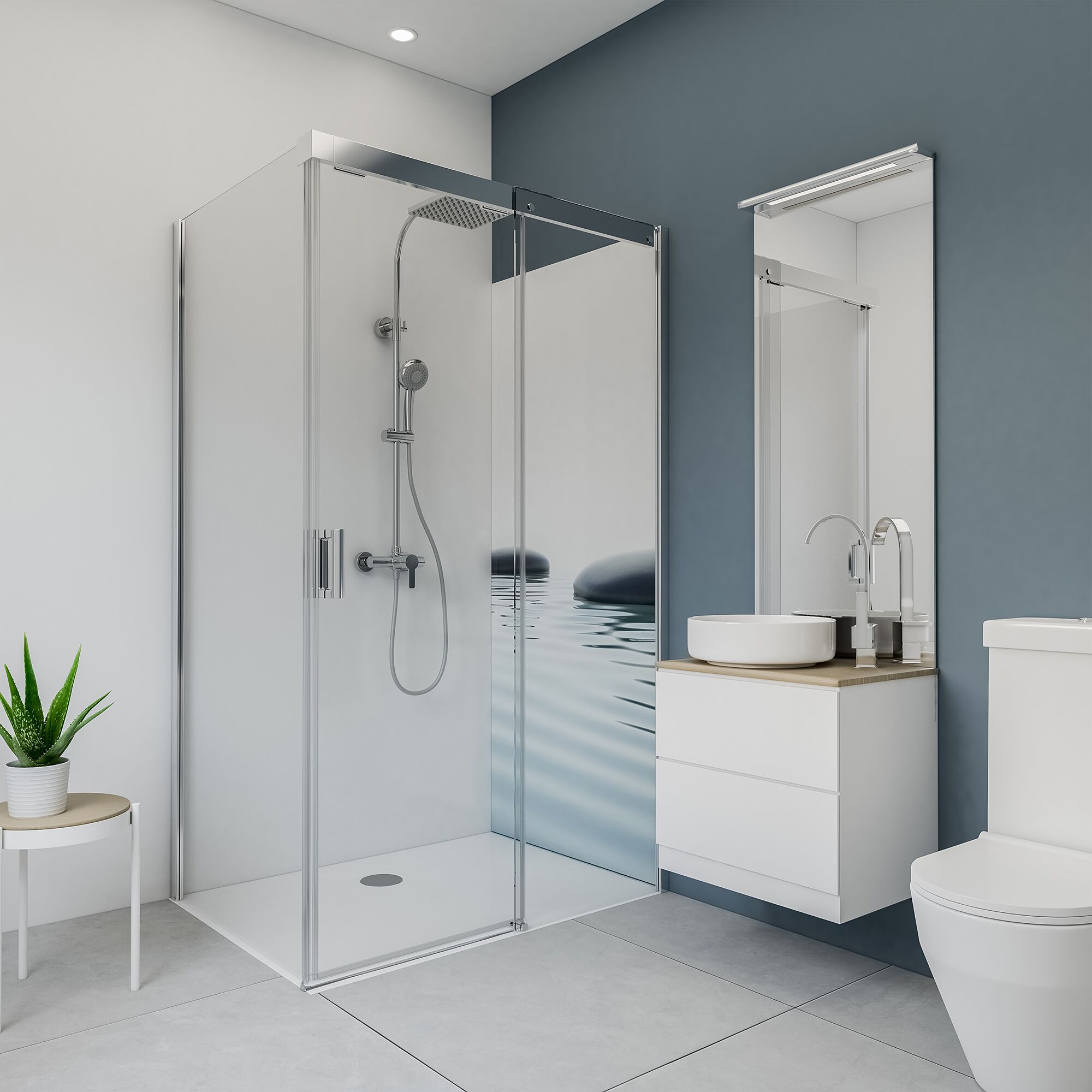 Modernes Badezimmer mit Dusche, Waschbecken und Toilette.