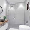 Modernes Badezimmer mit grauen Fliesen und Holzelementen