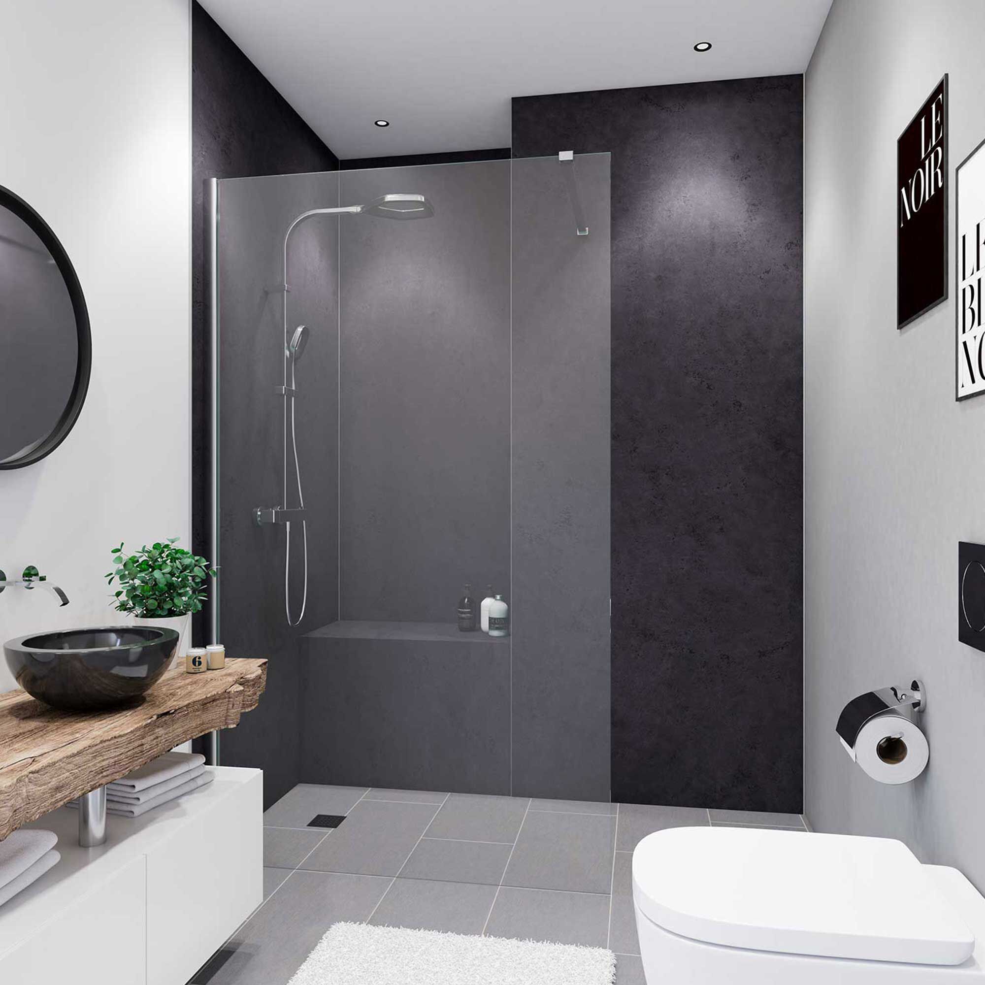 Modernes Badezimmer mit grauen Fliesen und Duschkabine.