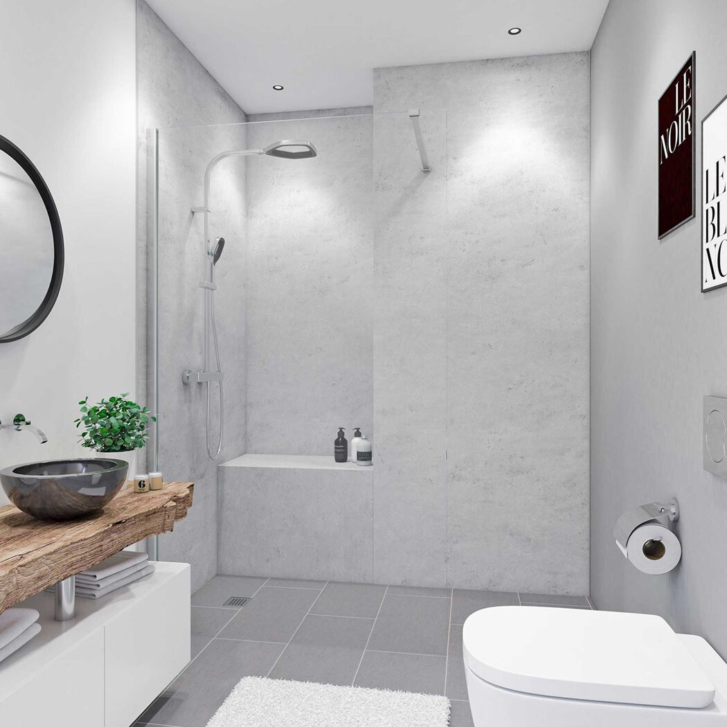 Modernes Badezimmer mit grauen Fliesen und Holzelementen