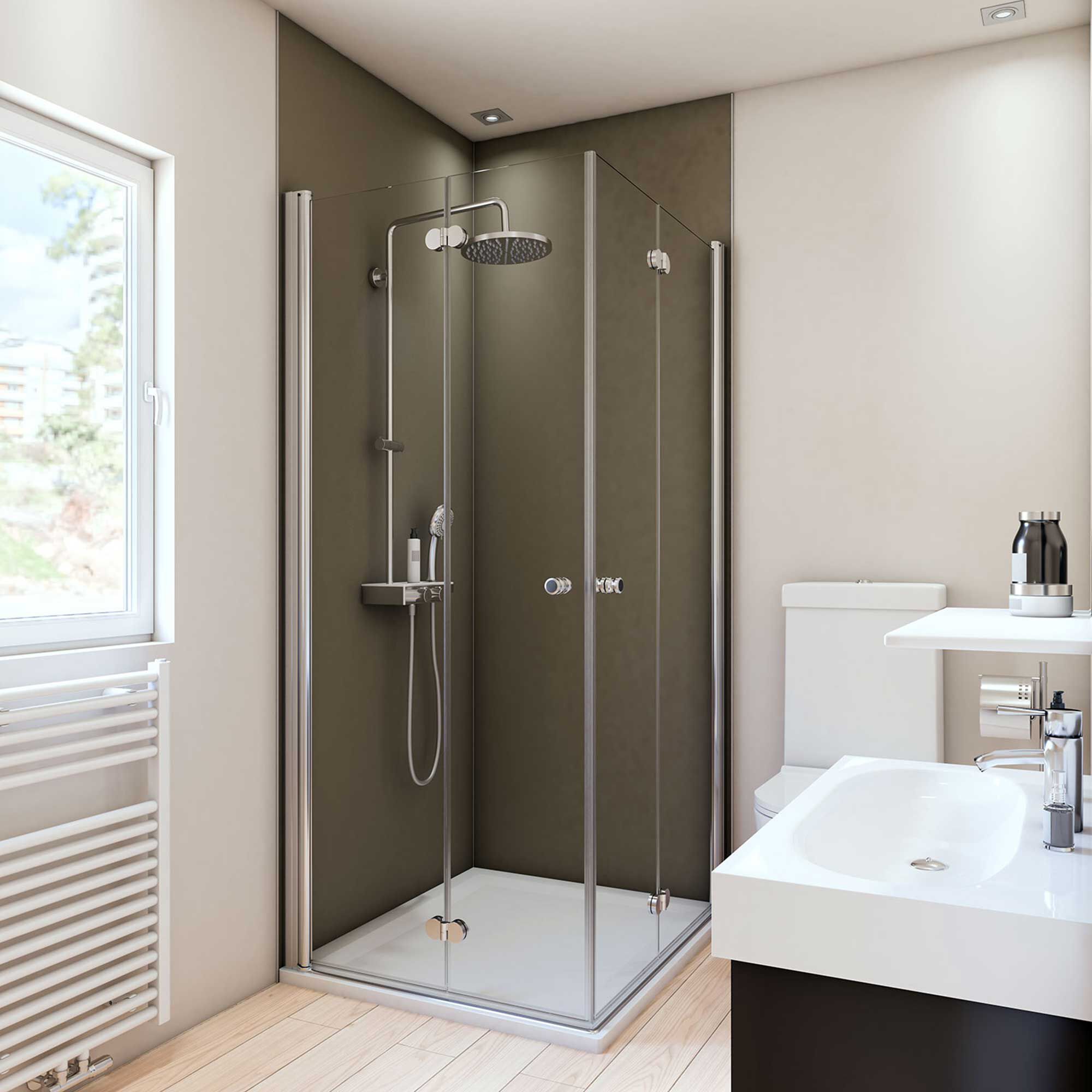 Duschkabine mit brauner Rückwand