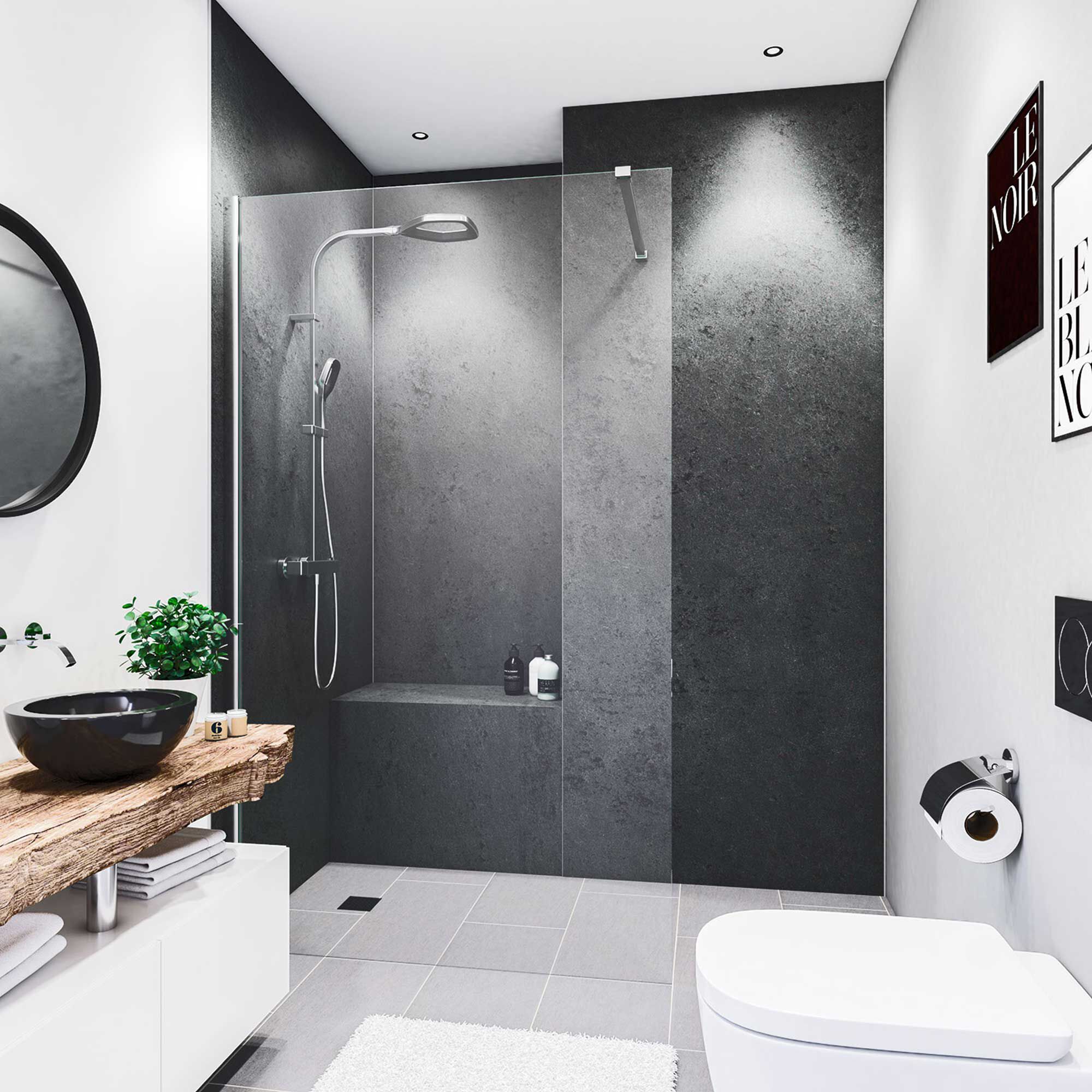 Modernes Badezimmer mit grauer Dusche und Holzwaschtisch.