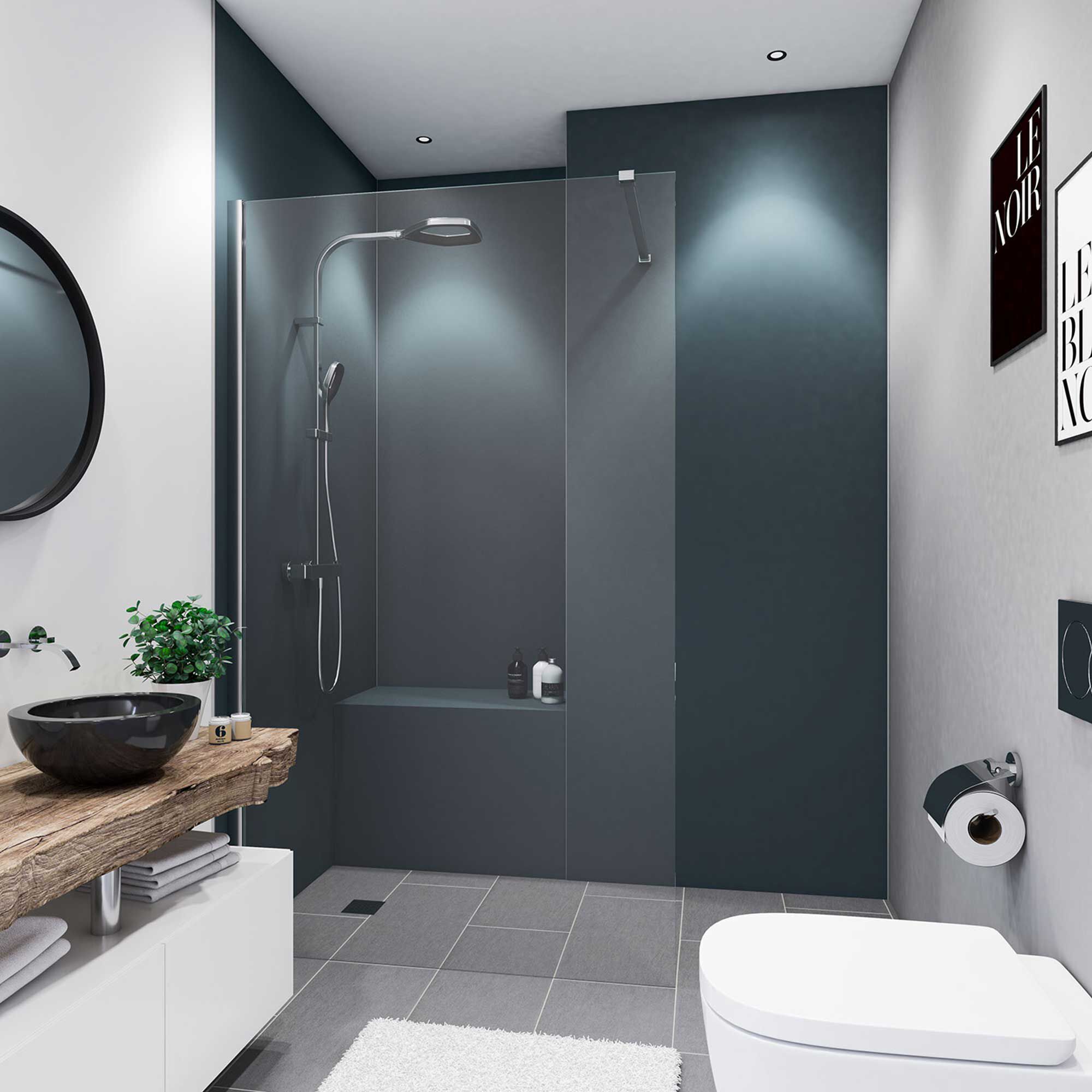 Modernes Badezimmer mit anthrazitgrauer Duschrückwand