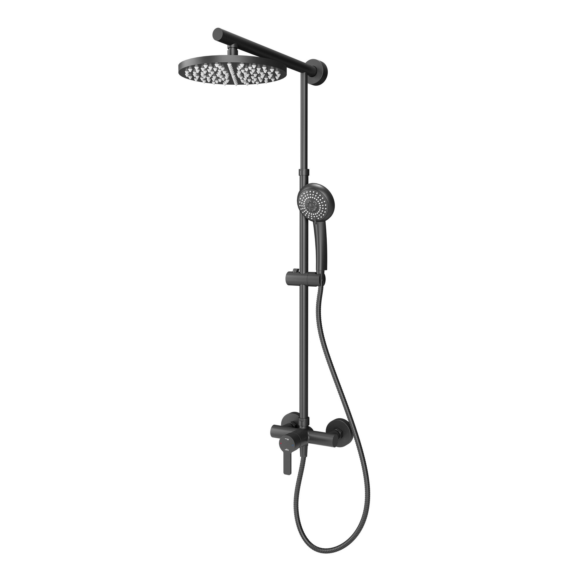 Schwarze Duschstange mit rundem Regenduschkopf