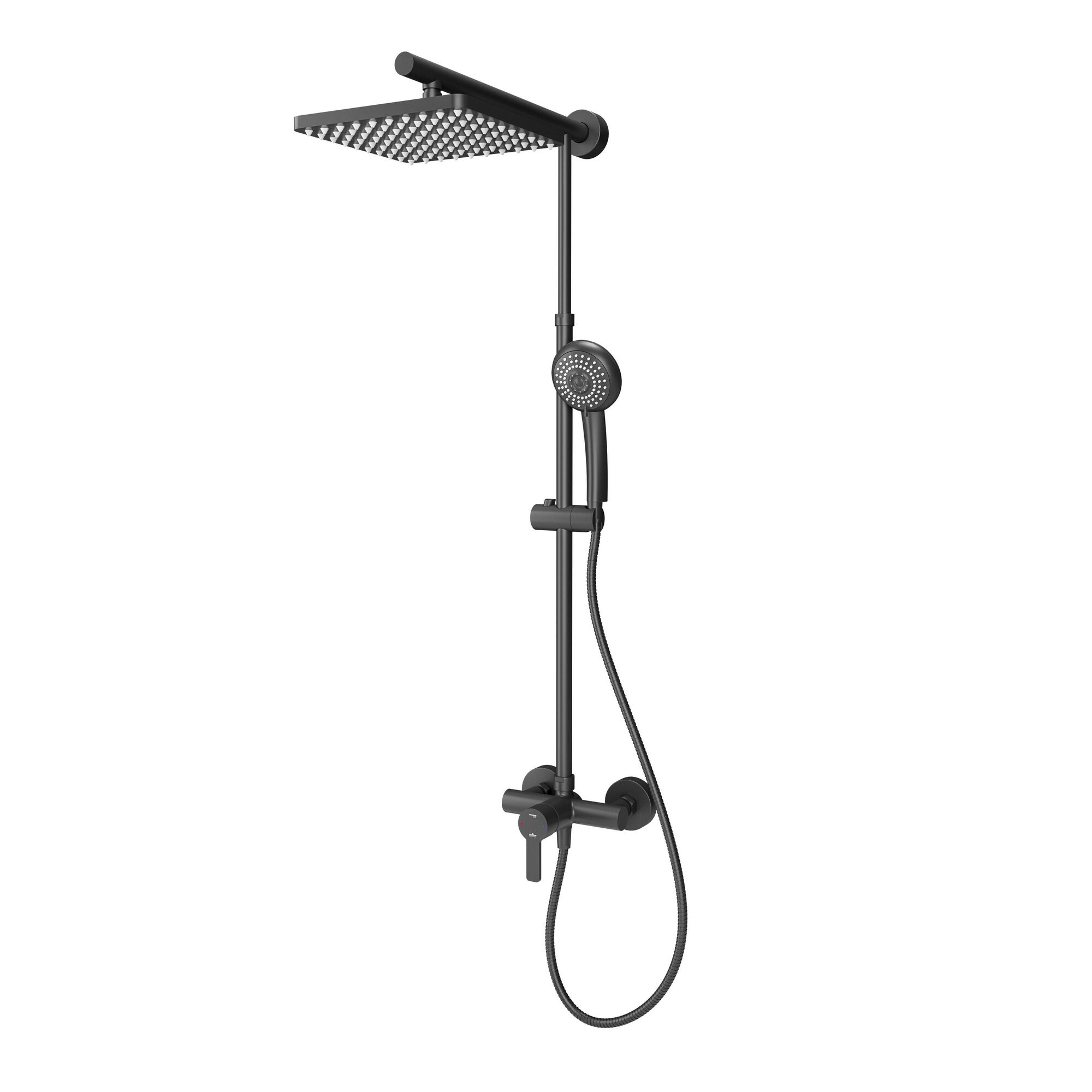Schwarze Duscharmatur mit Regenkopfbrause und Schlauchbrause