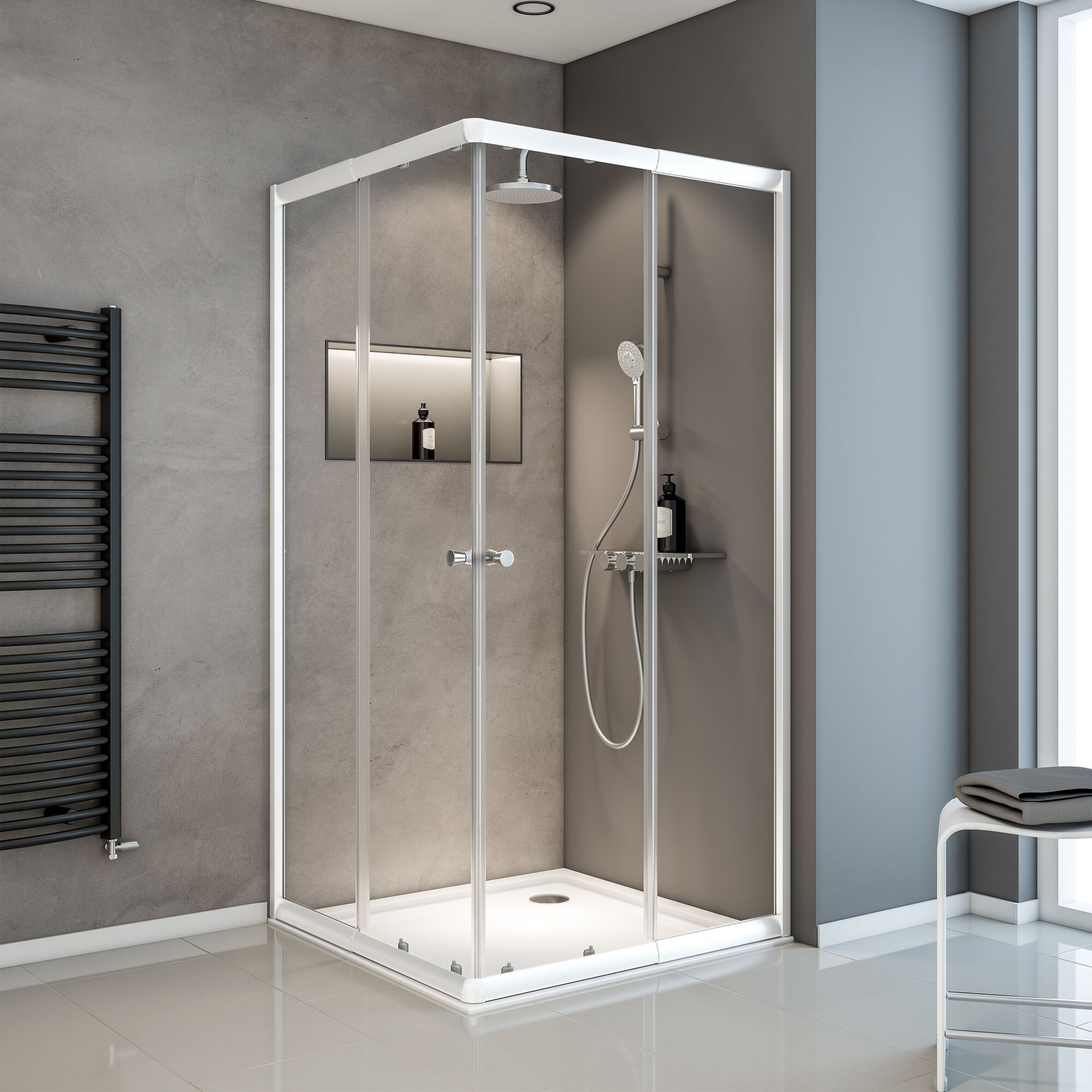 Eckdusche mit Duscharmatur, Duschkopf und Ablage