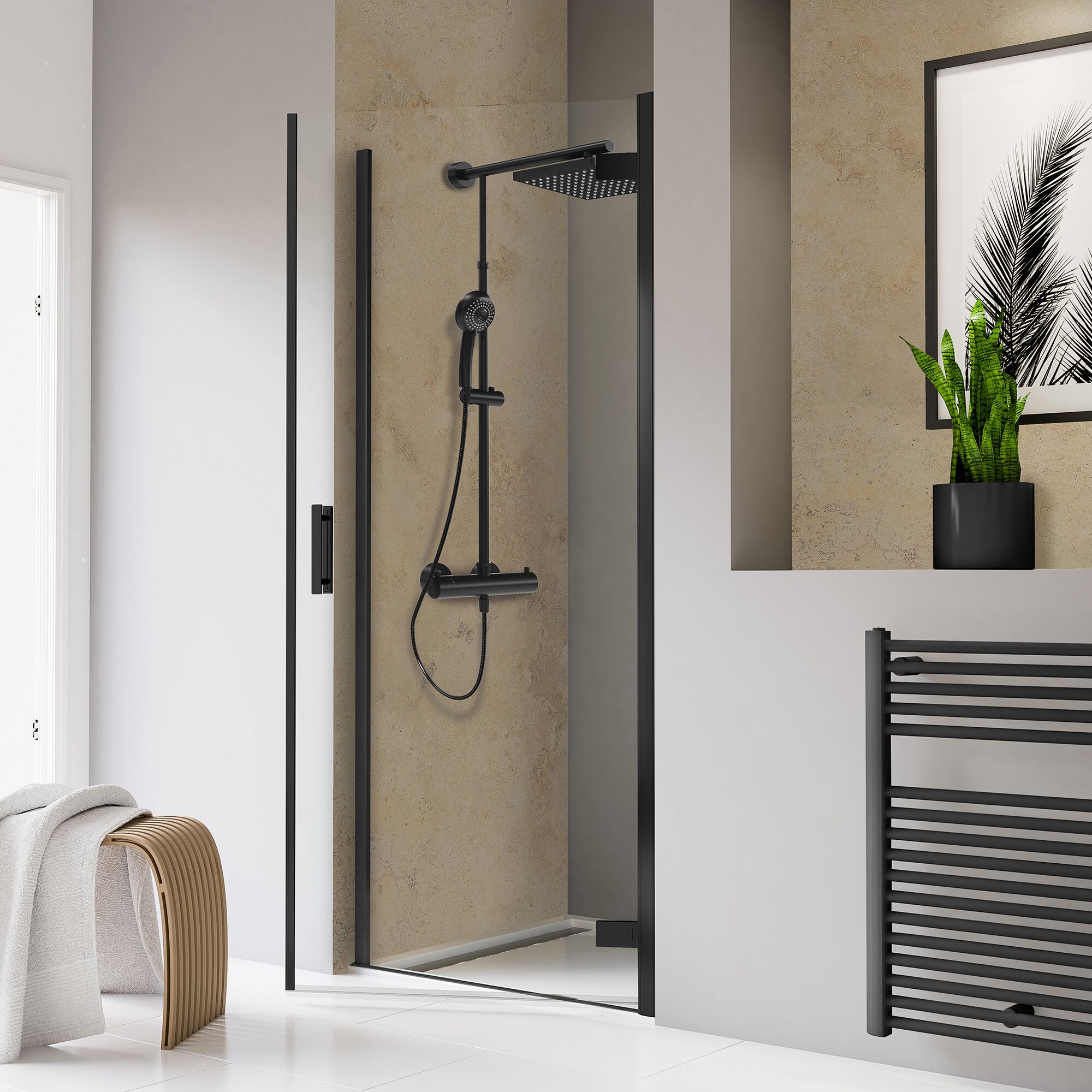 Schwarze Duschabtrennung mit Regendusche