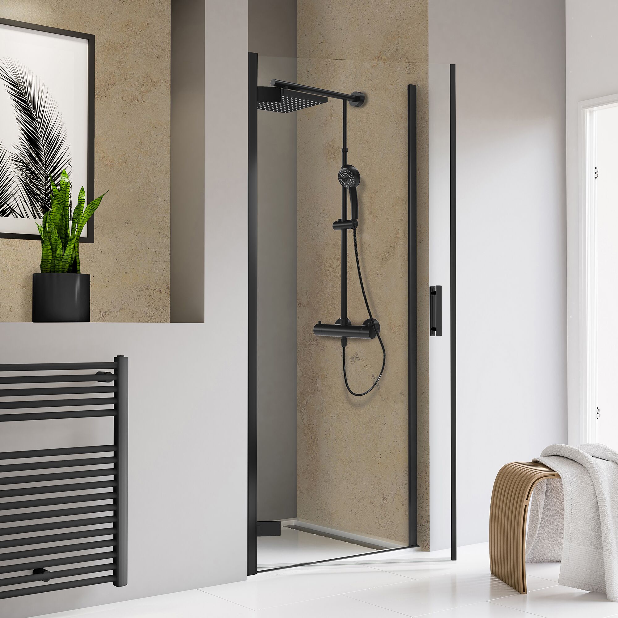 Schwarze Duschabtrennung mit Regendusche