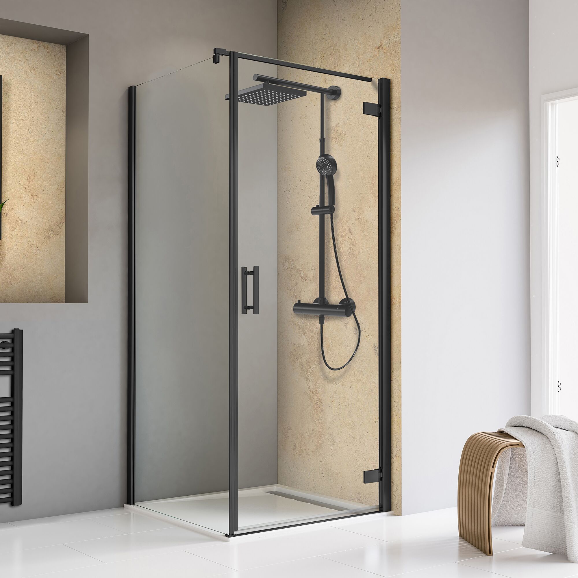 Schwarze Duschabtrennung mit Regendusche