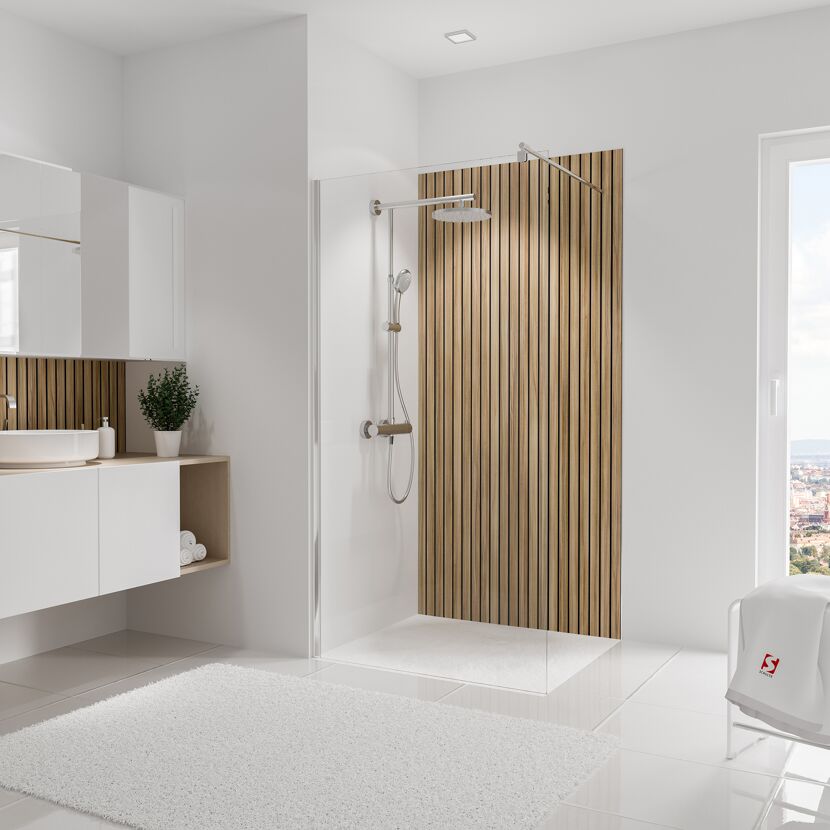 Modernes Badezimmer mit Duschkabine und Holzdekor