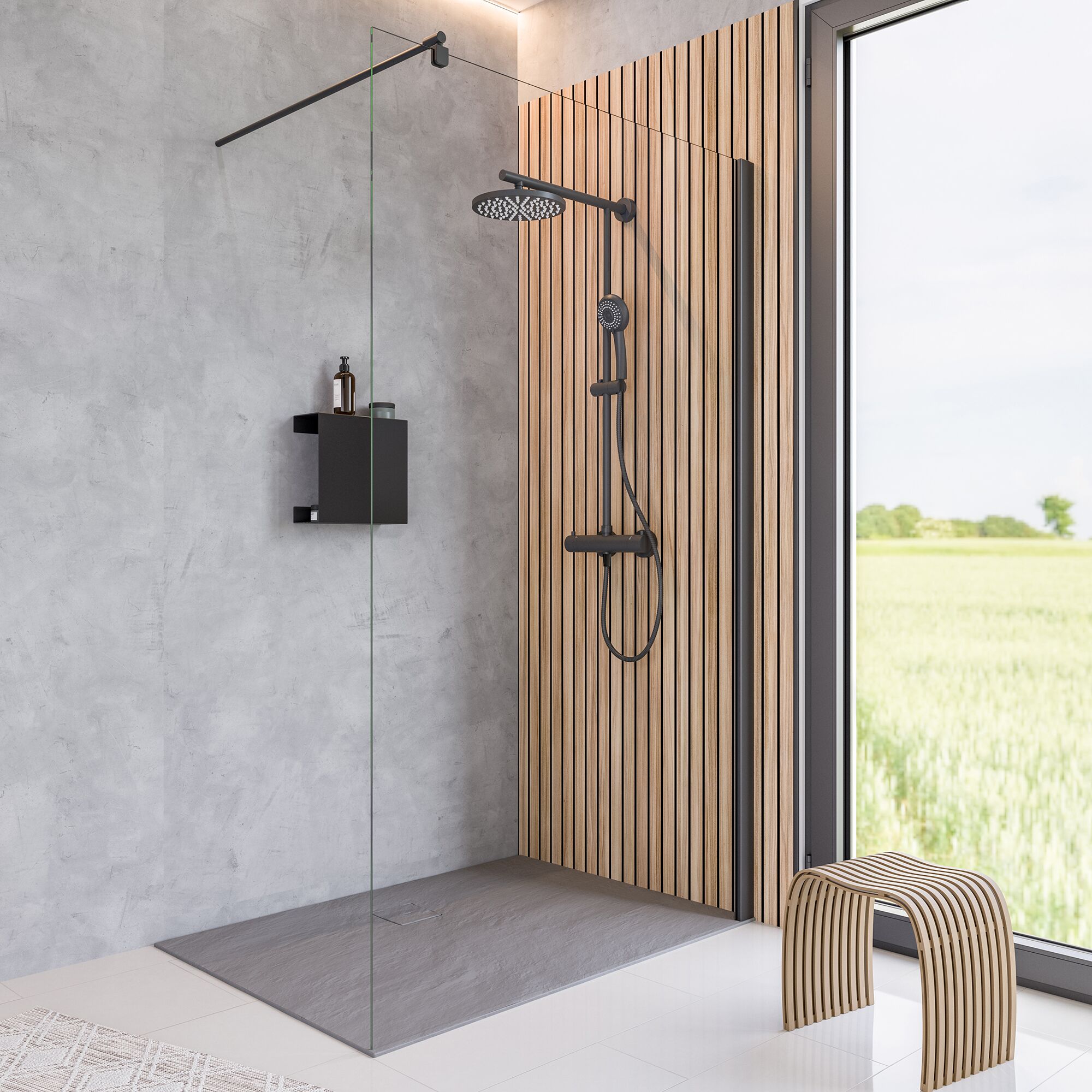 Moderne begehbare Dusche mit Regendusche