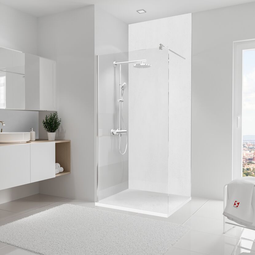 Moderne Dusche mit Regendusche und Handbrause in weiß gefliestem Badezimmer