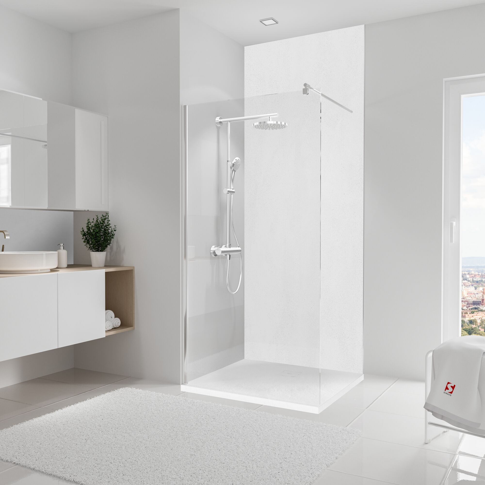 Moderne Dusche mit Regendusche und Handbrause in weiß gefliestem Badezimmer