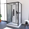 Duschkabine mit schwarzem Rahmen und Regendusche