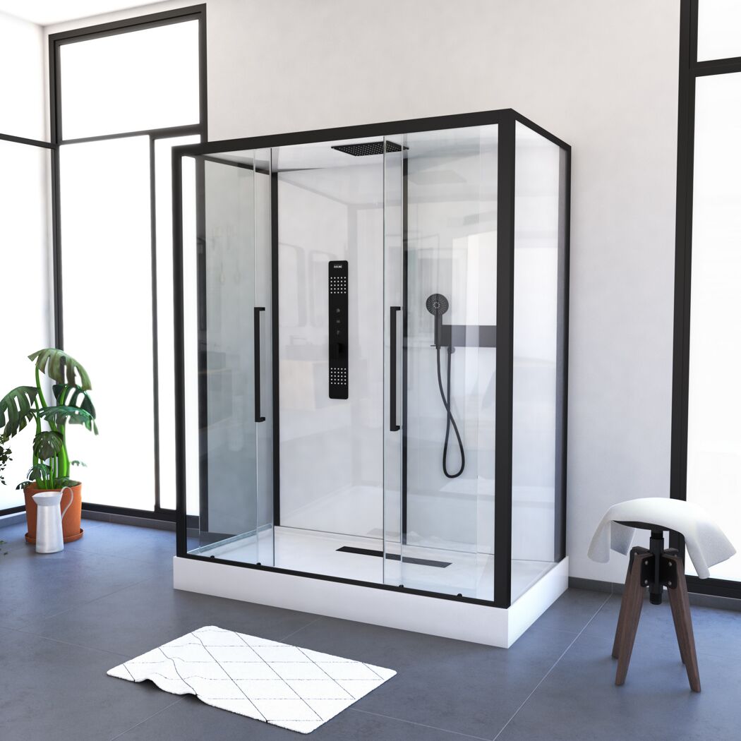 Moderne Duschkabine mit schwarzem Rahmen und Regendusche