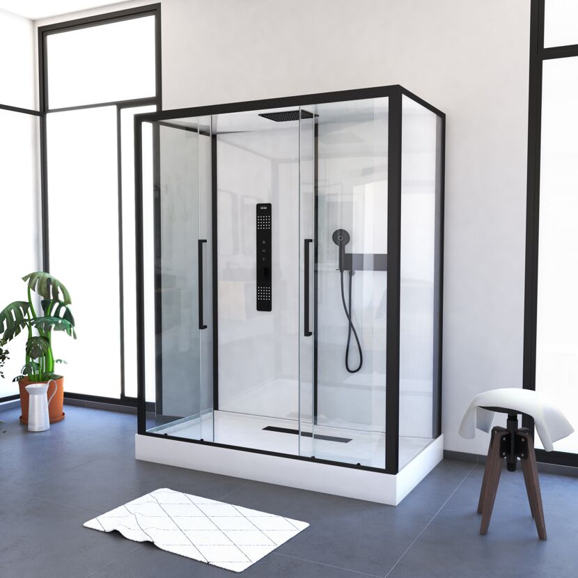 Moderne Duschkabine mit schwarzem Rahmen und Regendusche
