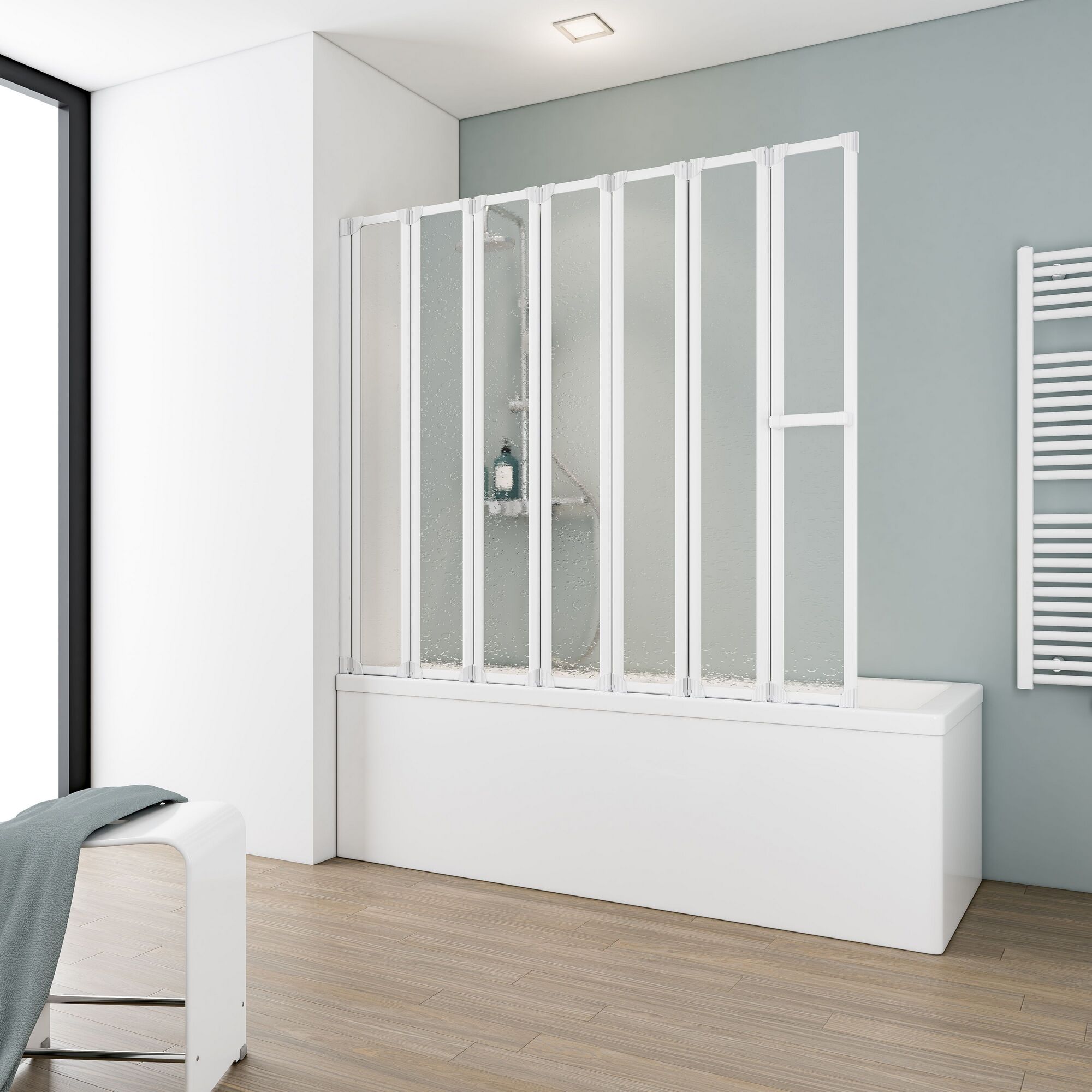 Badewanne mit Duschabtrennung aus weißem Kunststoff