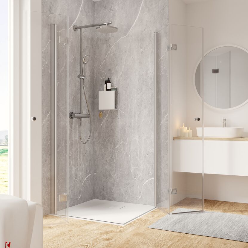 Moderne Duschkabine mit Regalelement und grauer Rückwand