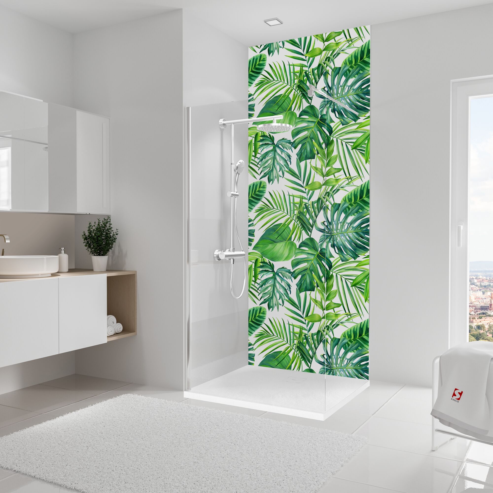 Duschkabine mit tropischem Blättermotiv