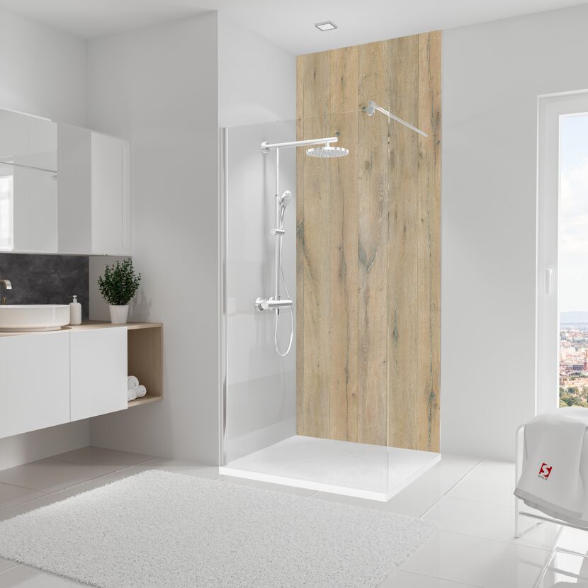 Duschkabine mit Regendusche und Holzdekor