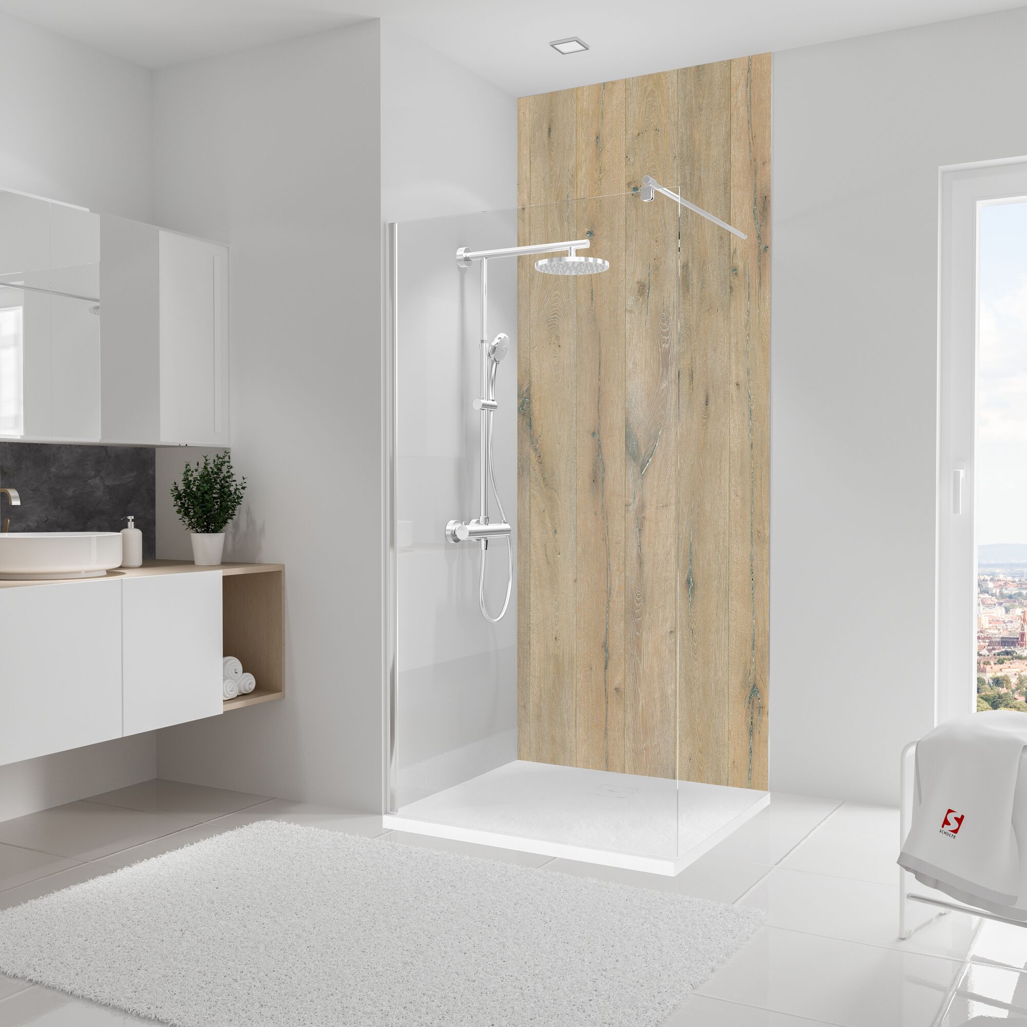 Duschkabine mit Regendusche und Holzdekor