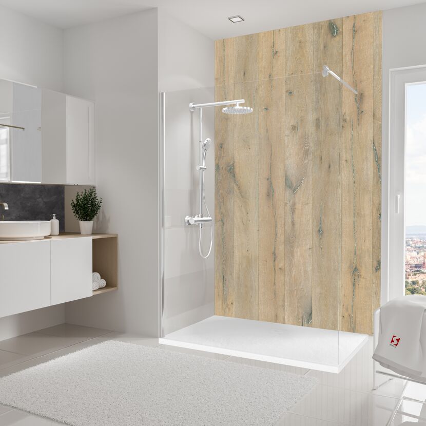 Modernes Badezimmer mit Dusche und Holzdekor