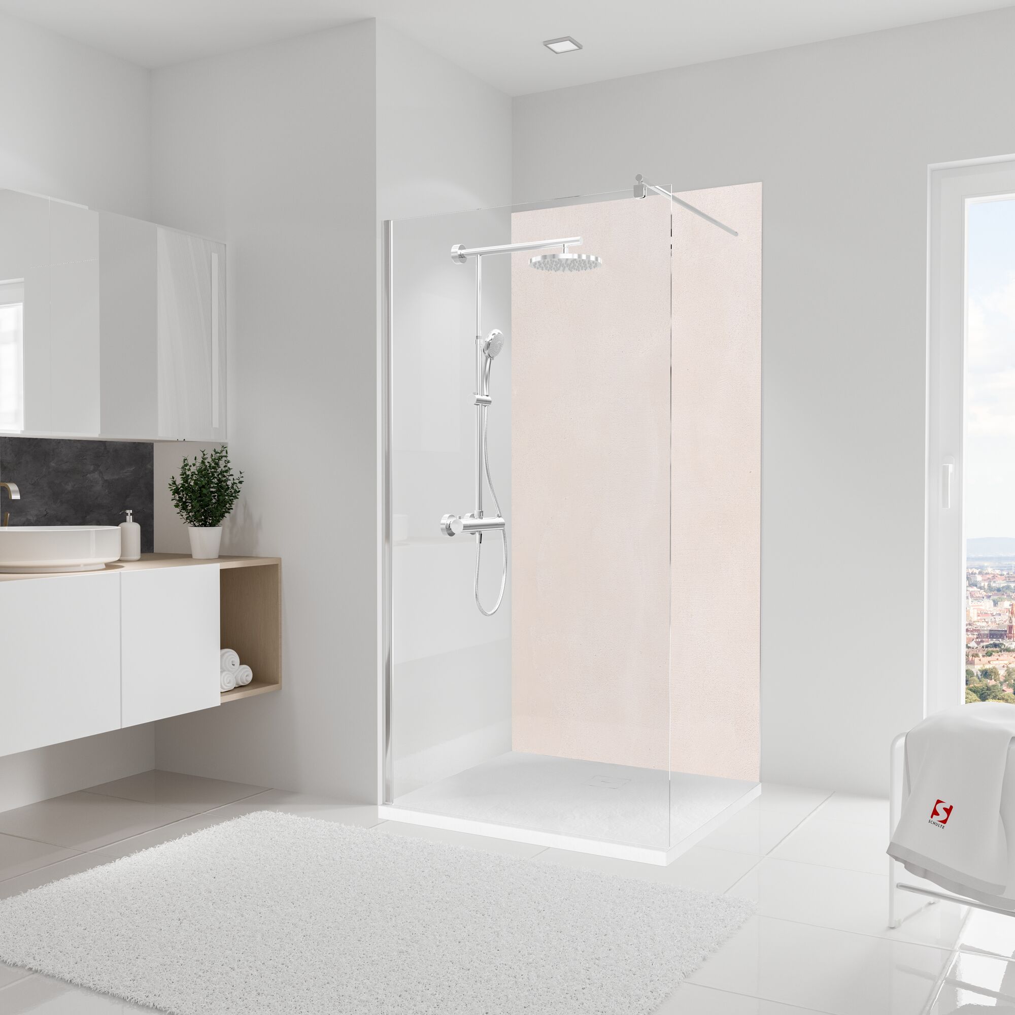 Moderne Duschkabine mit beiger Rückwand