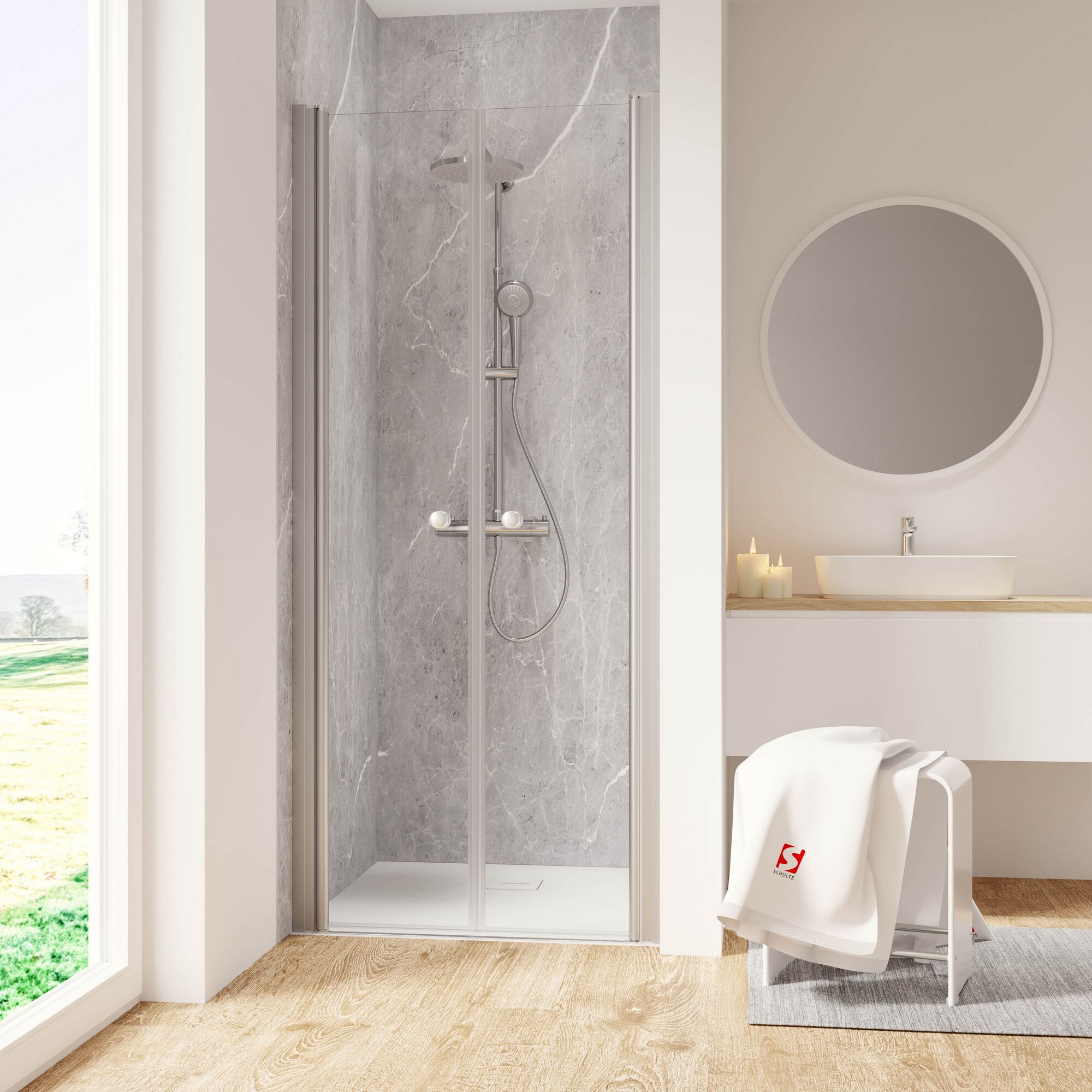 Duschkabine mit Pendeltüren in einem Badezimmer