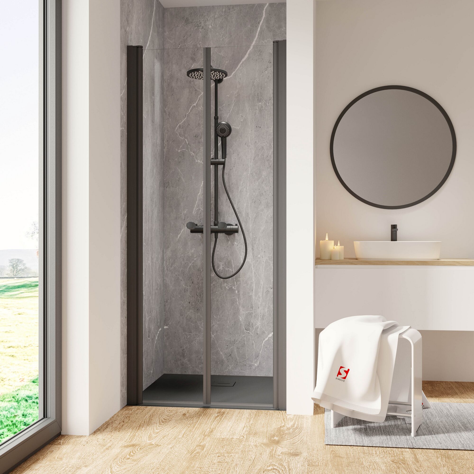 Duschkabine mit schwarzer Duschwanne und Armatur