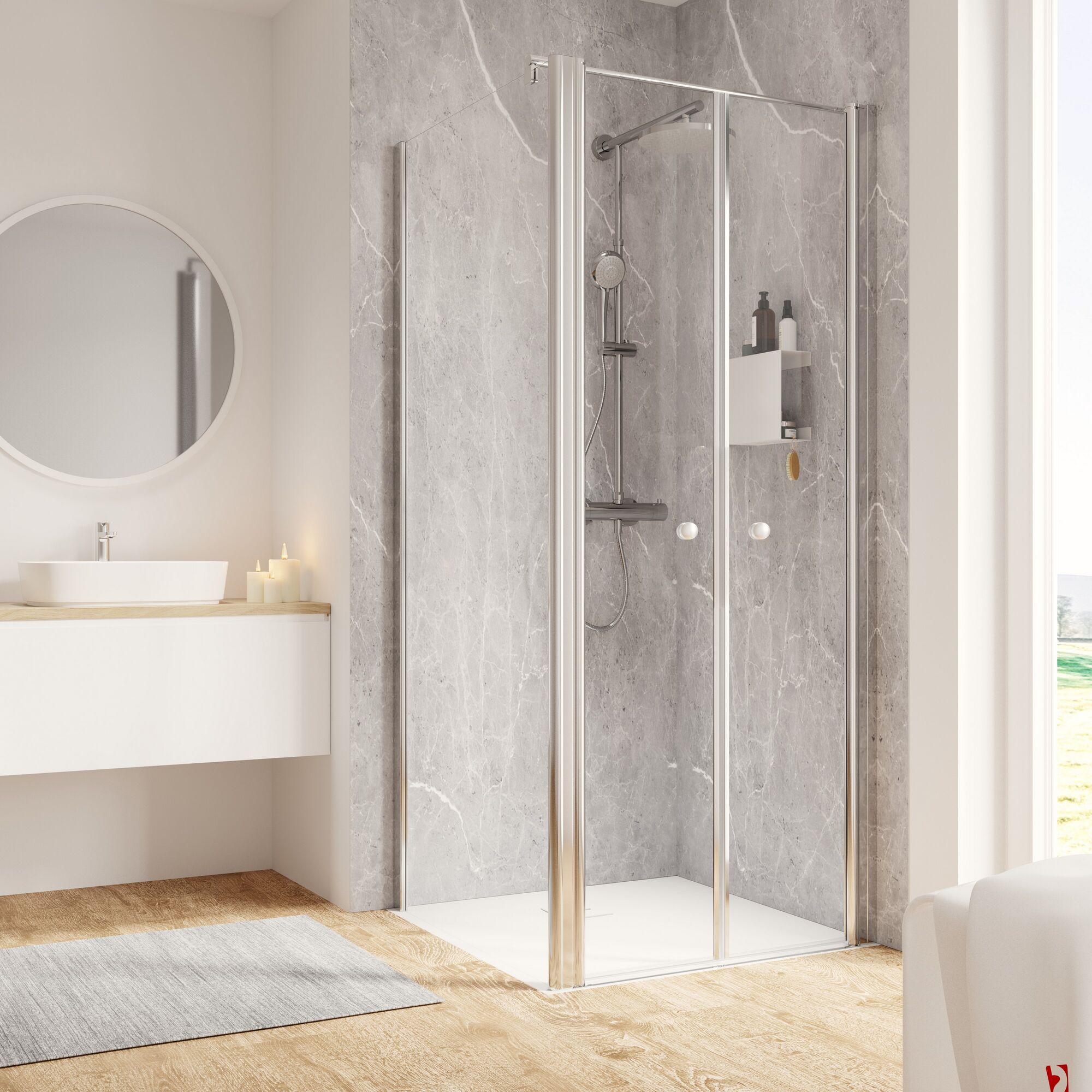 Duschkabine mit Pendeltüren, silberfarben und transparent