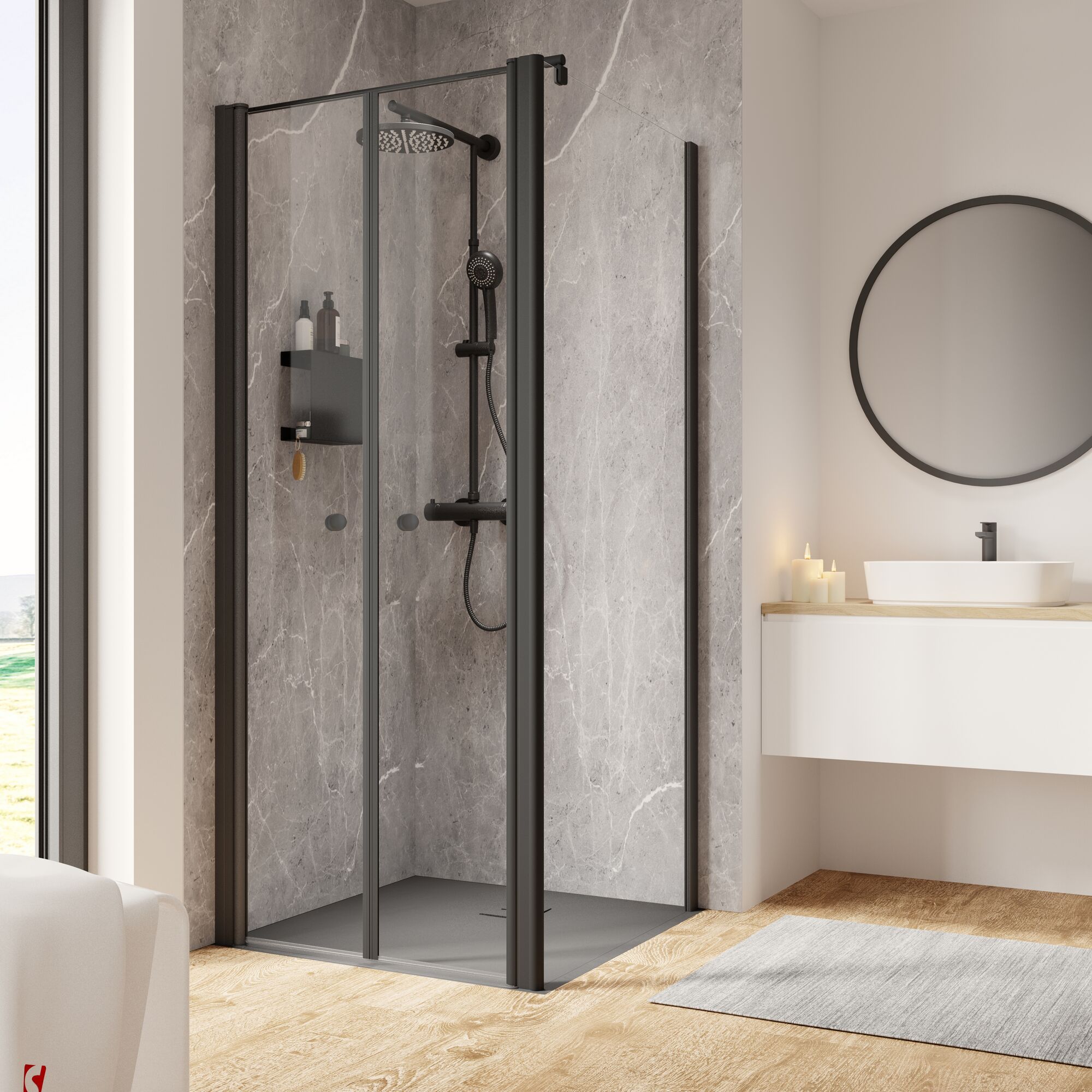 Duschkabine mit schwarzem Rahmen und grauer Duschwanne