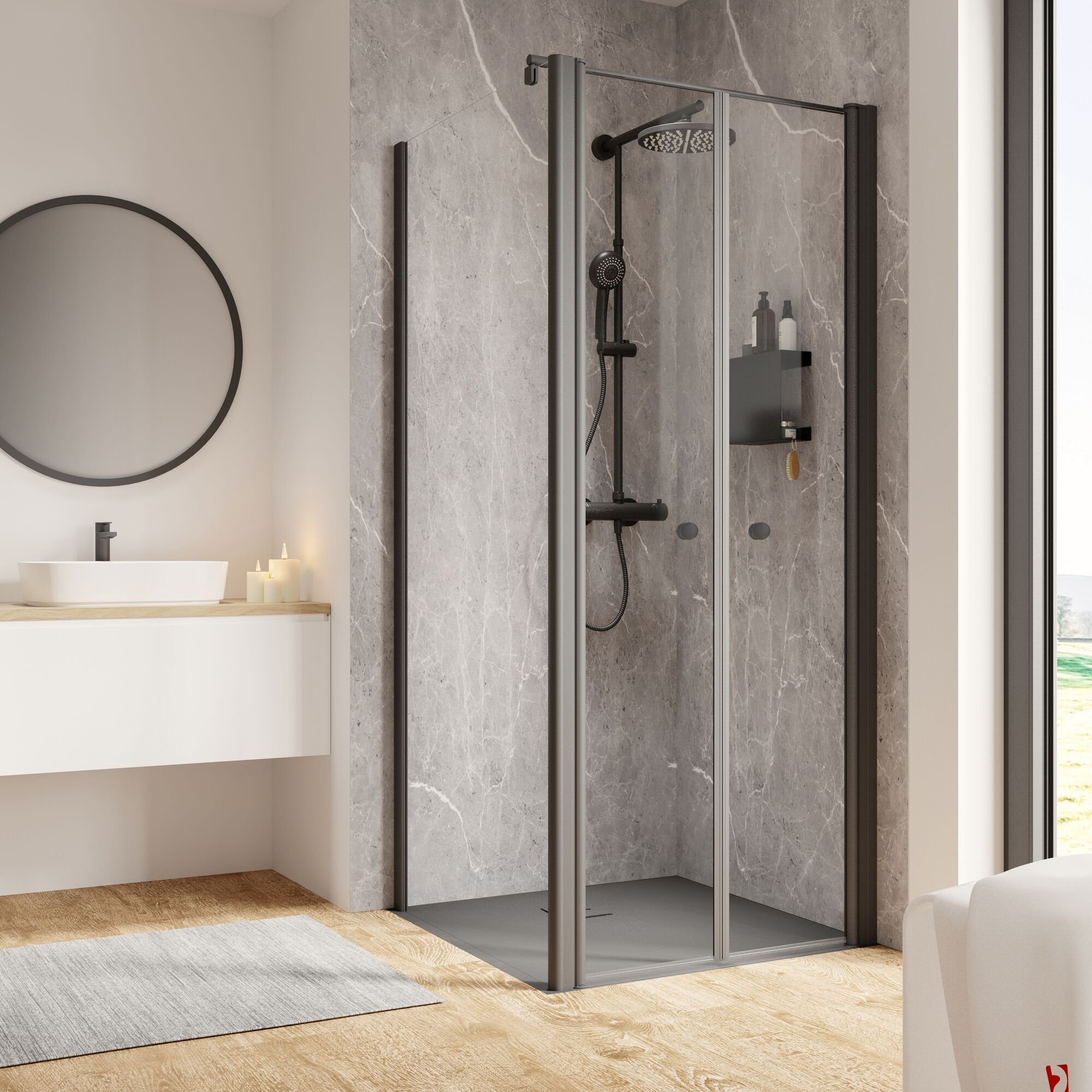 Duschkabine mit schwarzem Rahmen und Regalelement