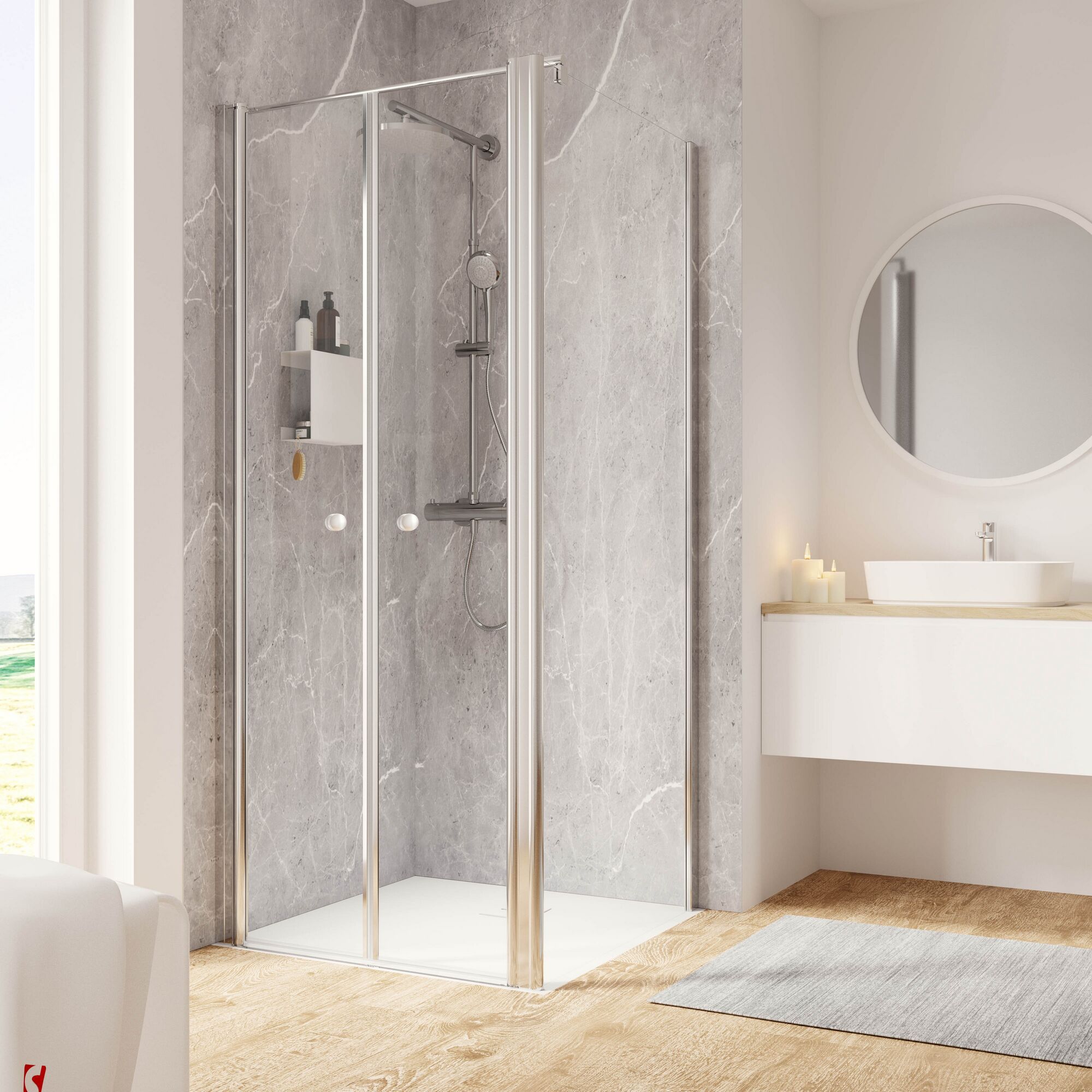 Duschkabine mit Pendeltür und Regalelement