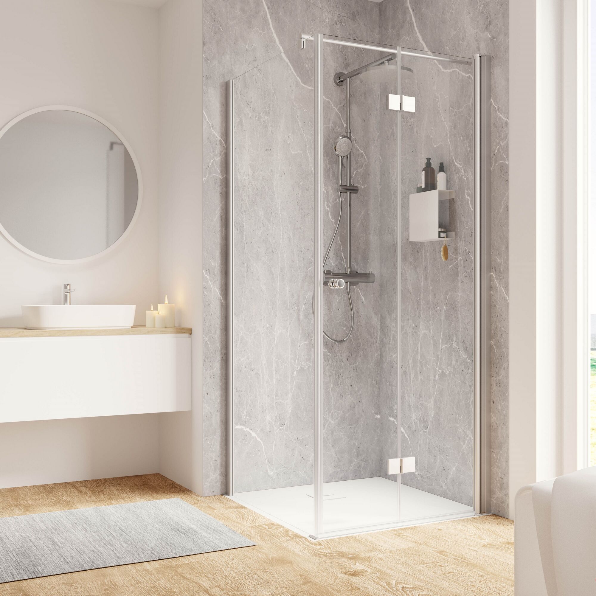 Duschkabine mit Duscharmatur und Ablage