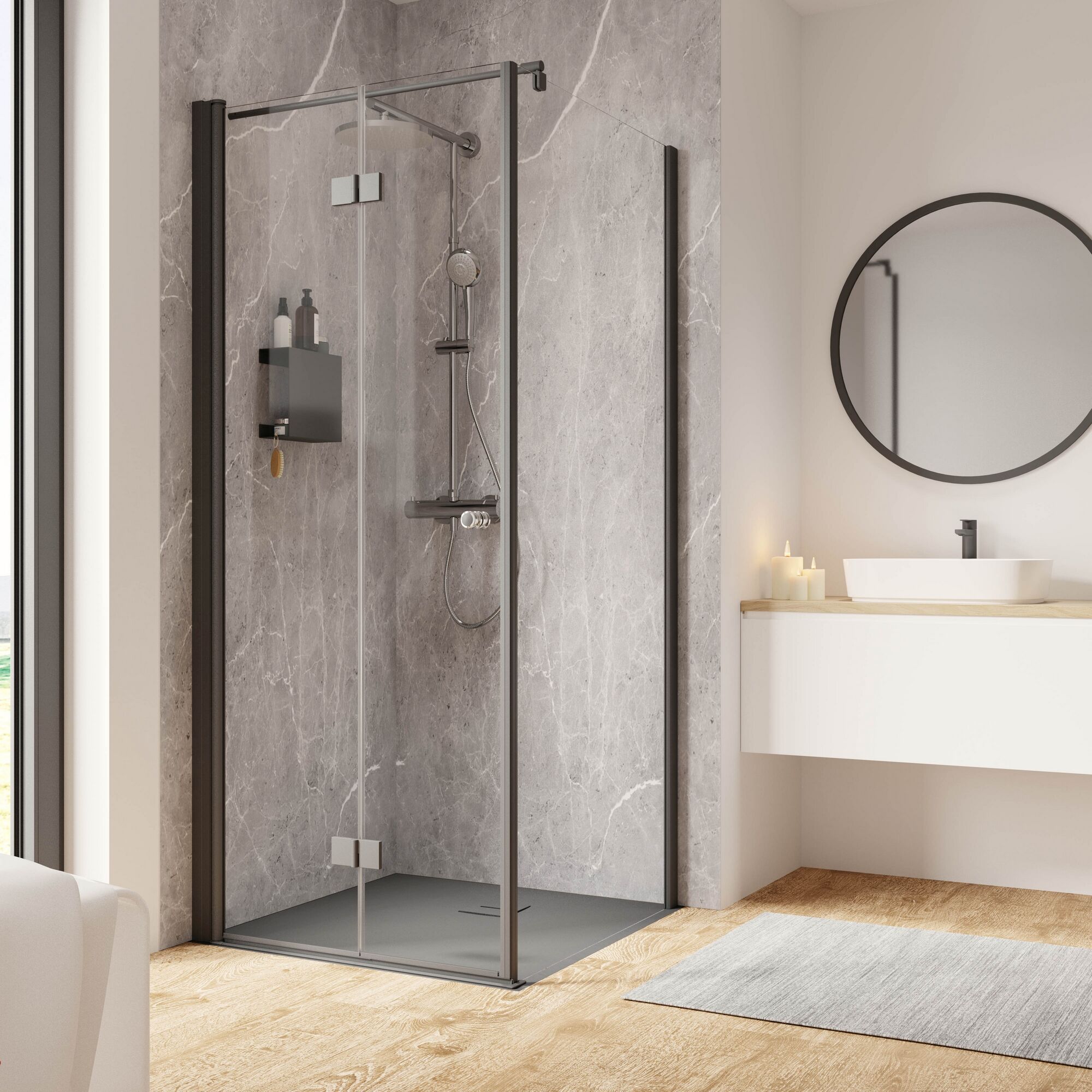 Duschkabine mit grauer Duschwanne und Armatur