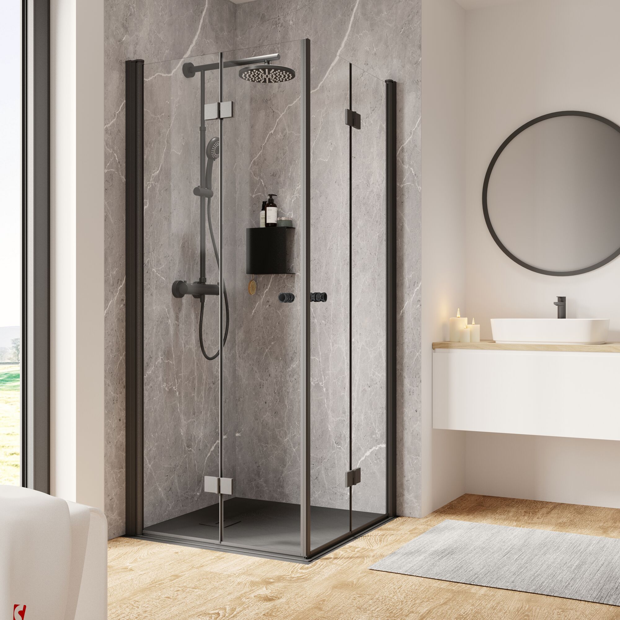 Duschkabine mit schwarzem Rahmen und Regendusche