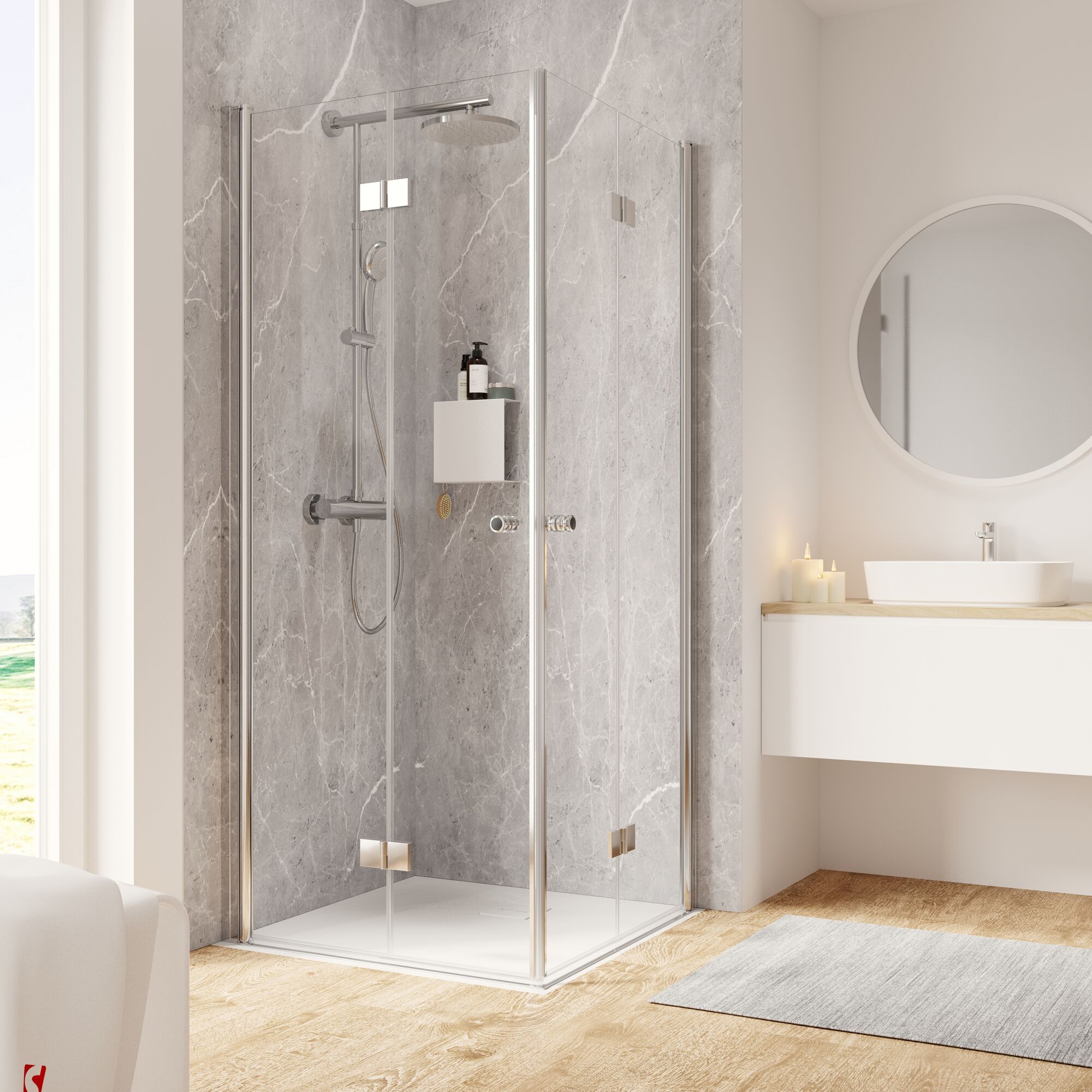 Eckdusche mit Duschabtrennung und Duschkopf